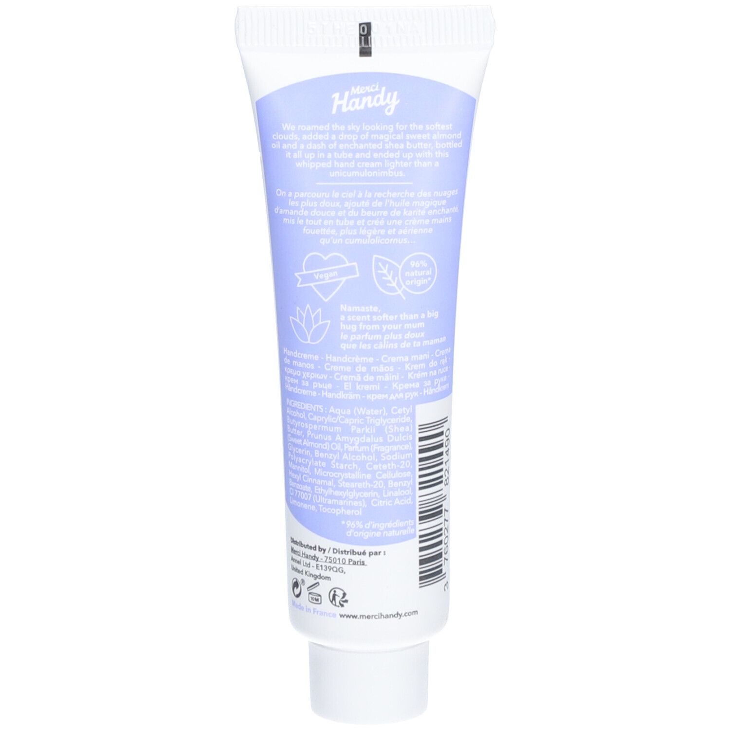 Rückseite der Handcreme-Tube. Text mit Inhaltsstoffen und Logos: 96% natürlich, vegan.