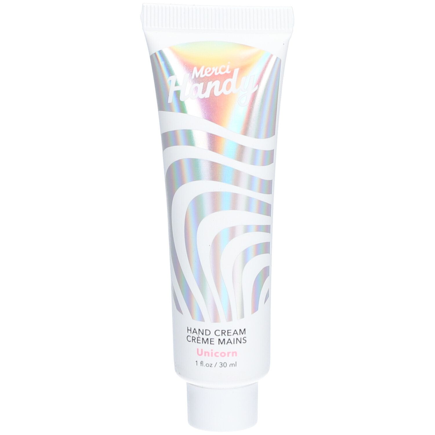 Tube de crème pour les mains avec design holographique. Inscription "Merci Handy" et "Unicorn".