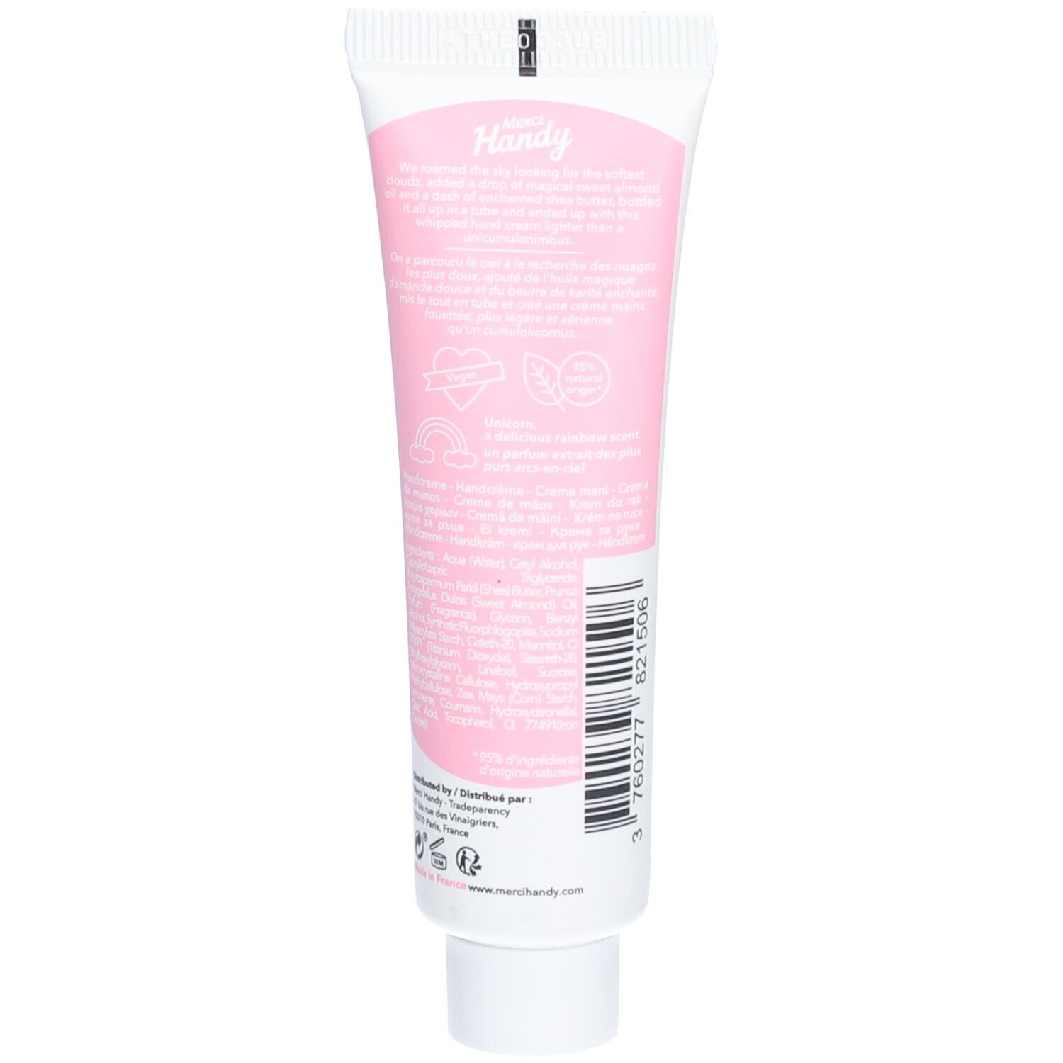 Dos du tube de crème pour les mains. Fond rose avec texte et logos.