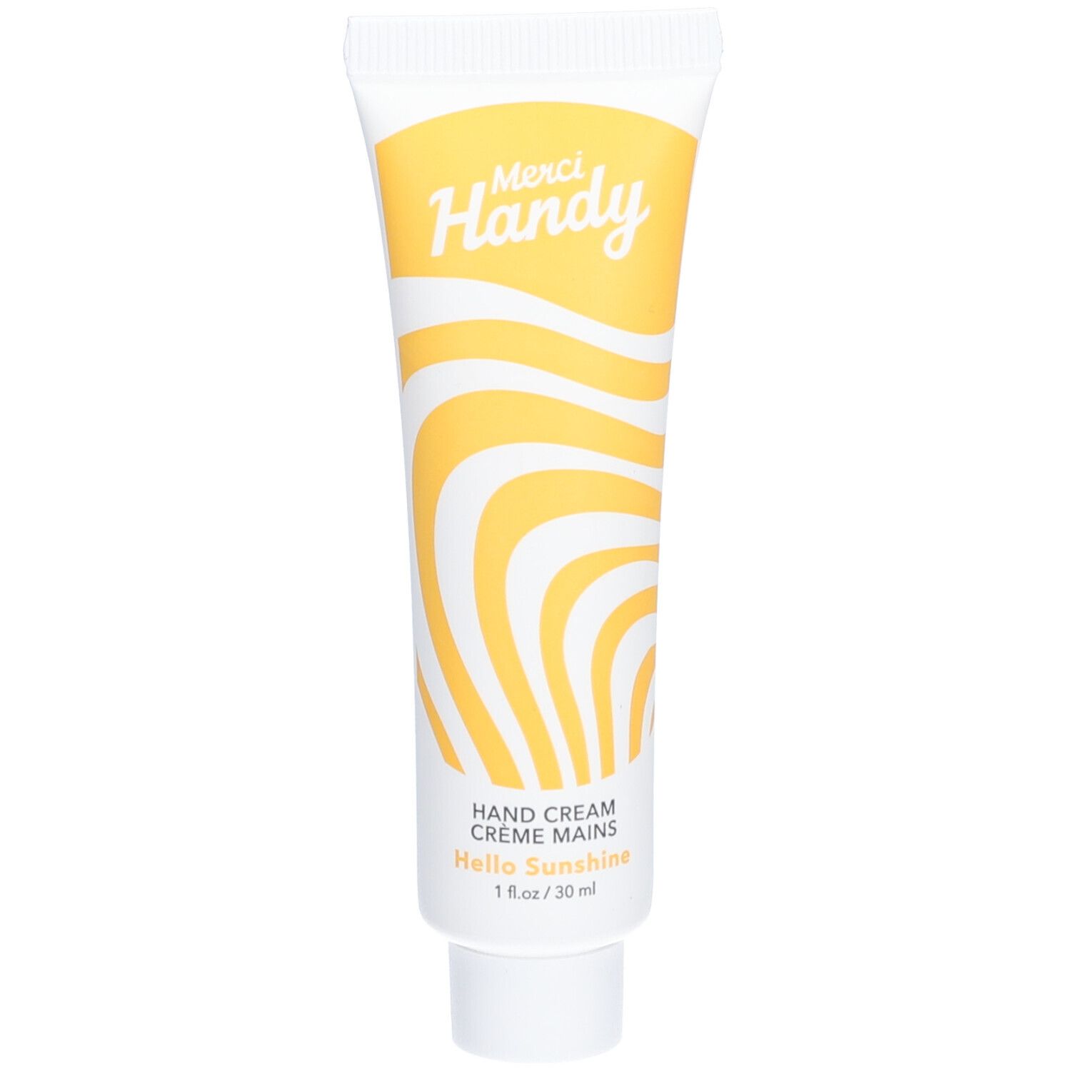 Handcrèmetube, geel-wit. Opschrift Merci Handy. "Hello Sunshine" en "Hand Cream".