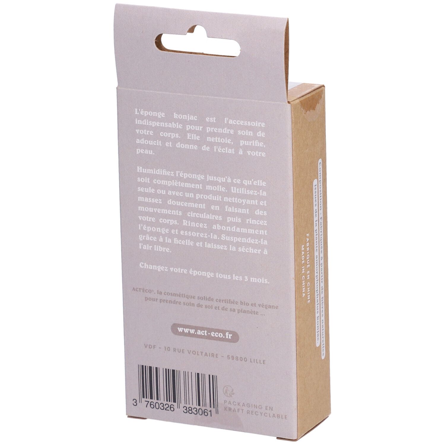 Dos de l'emballage carton. Texte sur l'utilisation de l'éponge Konjac. Informations fabricant et code-barres.