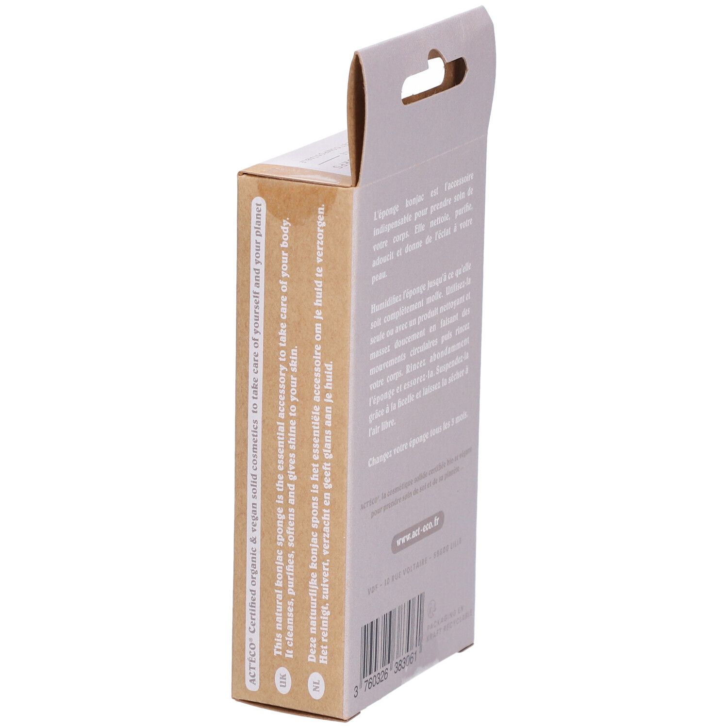 Côté de l'emballage carton. Texte sur les avantages de l'éponge Konjac. Certifications et code-barres.