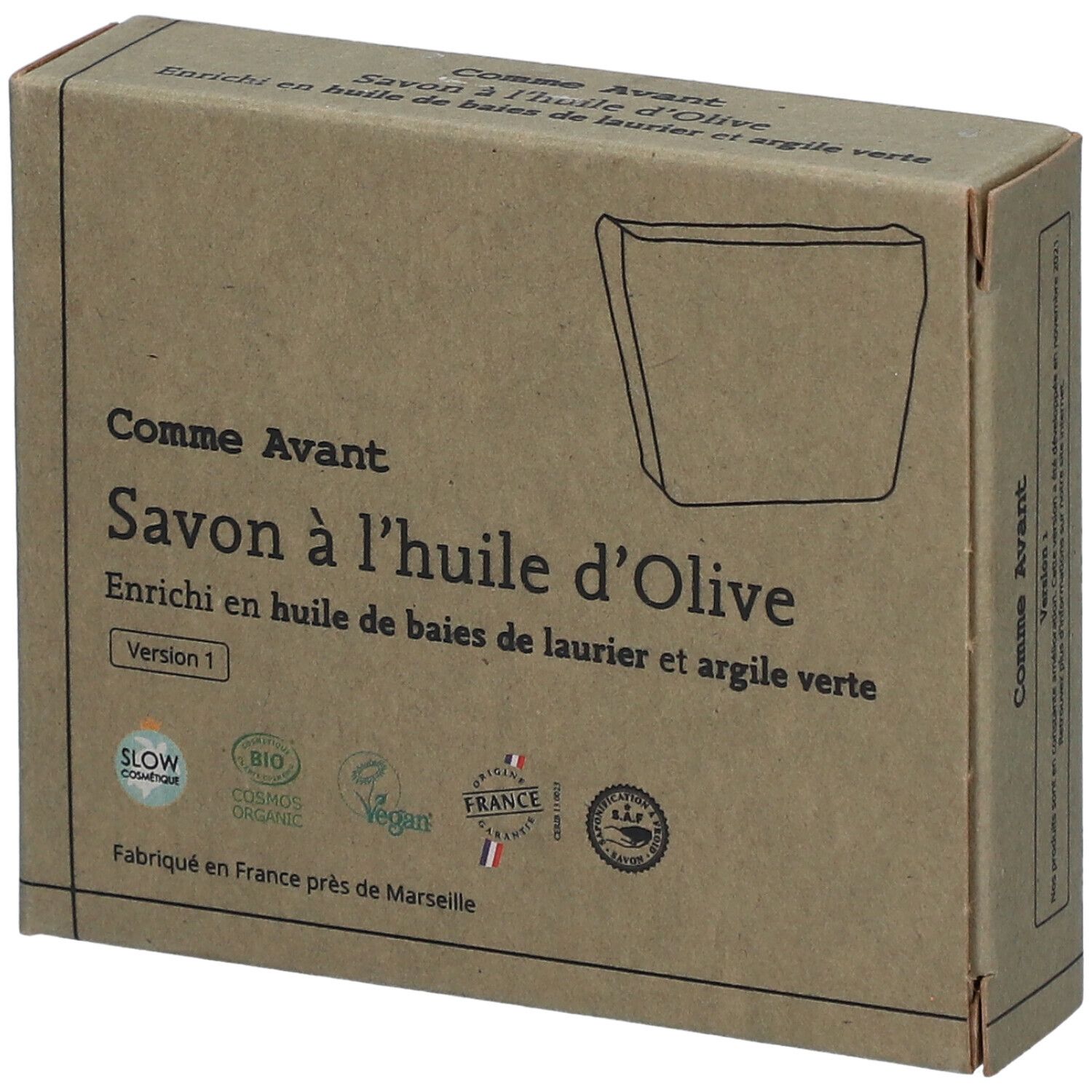 Boîte en carton avec inscription "Savon à l'huile d'Olive". Labels bio et vegan. Fabriqué en France.