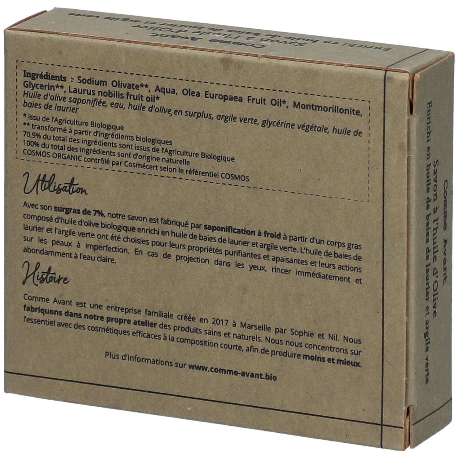 Dos de la boîte en carton avec ingrédients et instructions d'utilisation. Texte en français.