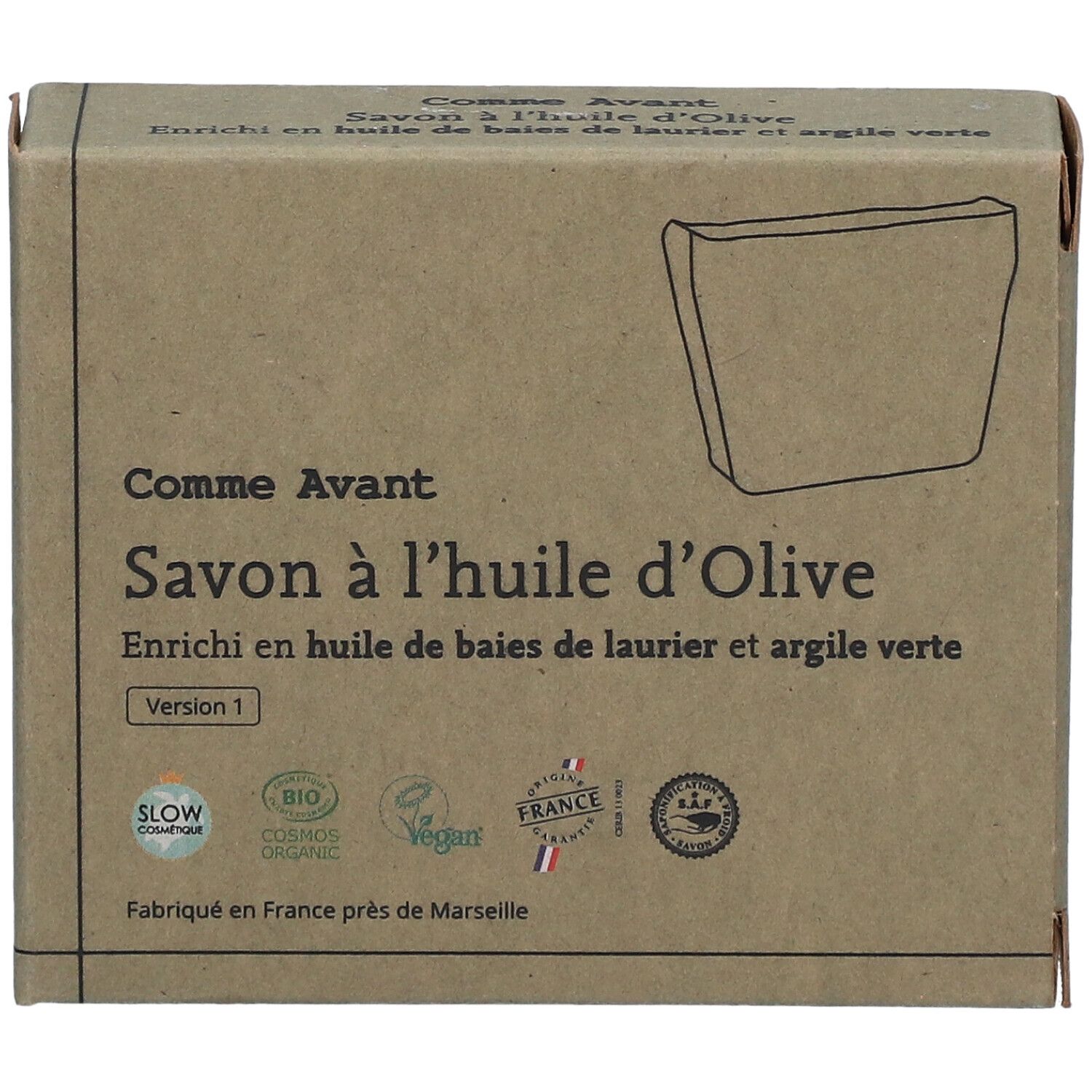 Boîte en carton avec inscription "Savon à l'huile d'Olive". Labels bio et vegan. Fabriqué en France.
