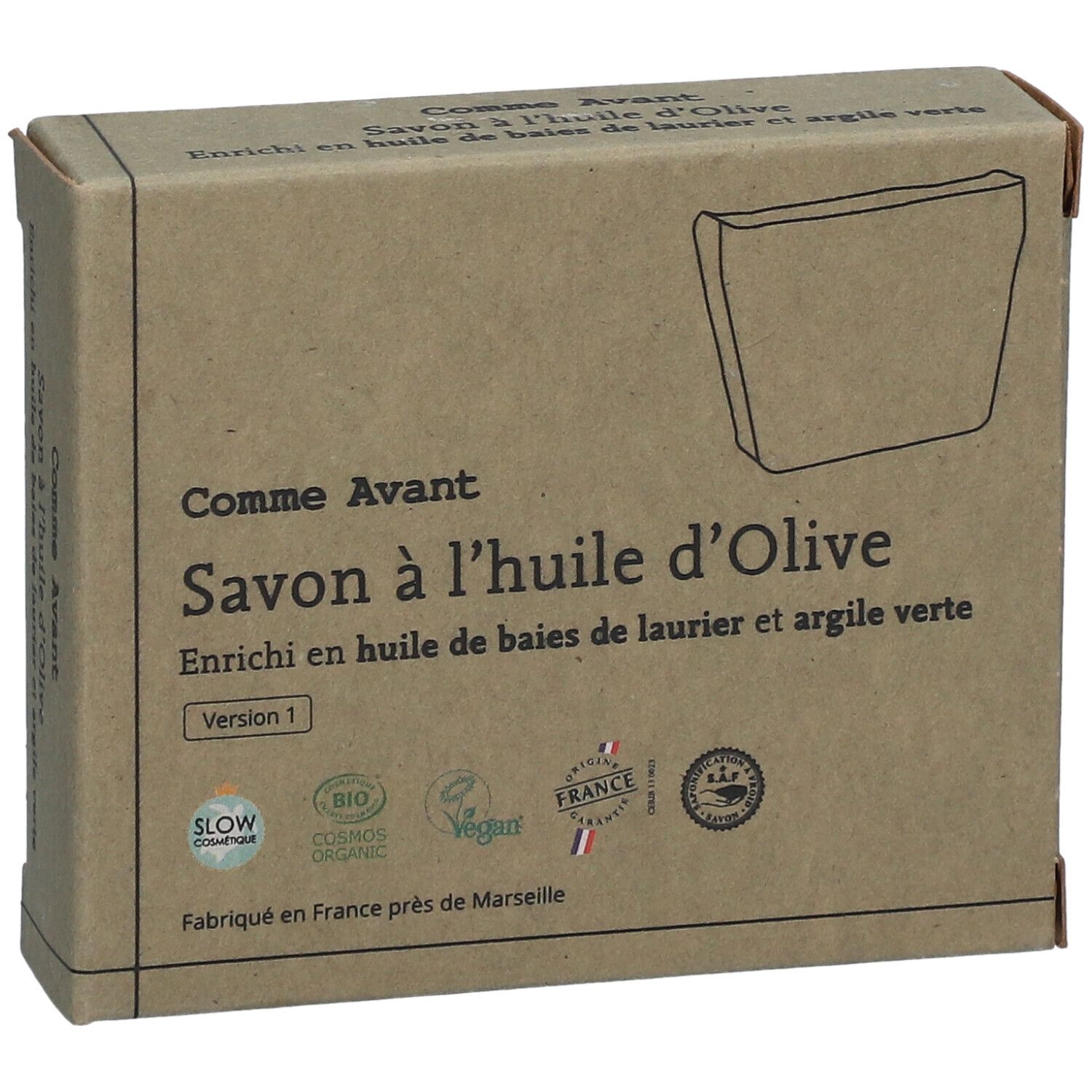 Boîte en carton avec inscription "Savon à l'huile d'Olive". Labels bio et vegan. Fabriqué en France.