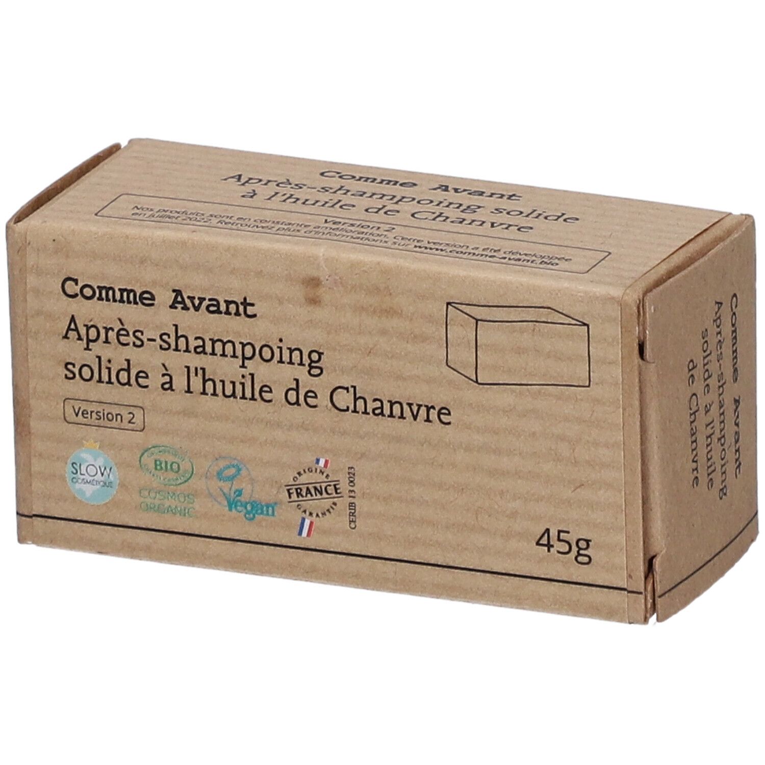 Kartonverpackung mit Produktbezeichnung: Comme Avant Après-shampooing solide à l'huile de Chanvre. Mit Zertifizierungen und 45g.