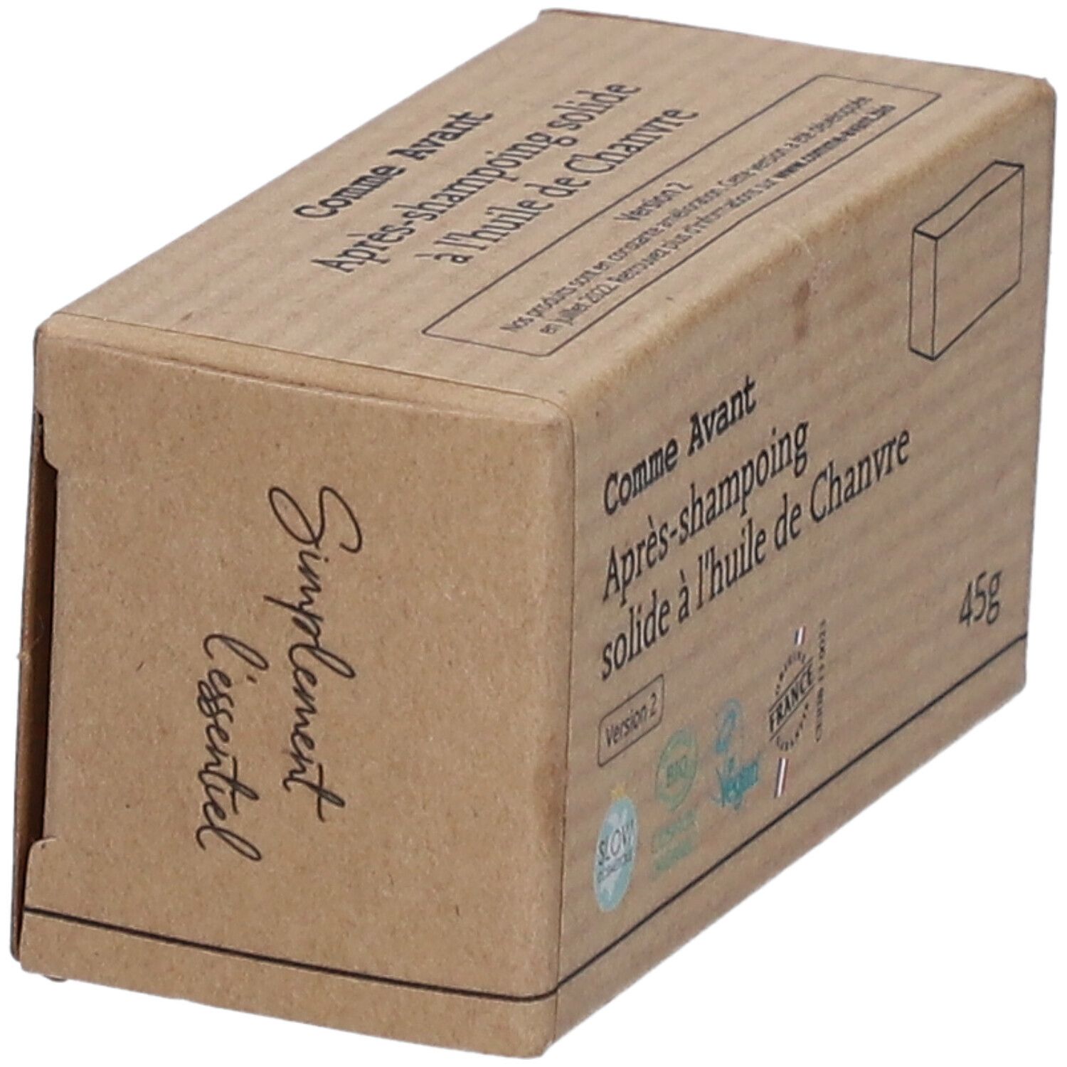 Kartonverpackung mit Produktbezeichnung: Comme Avant Après-shampooing solide à l'huile de Chanvre. Mit Zertifizierungen und 45g.