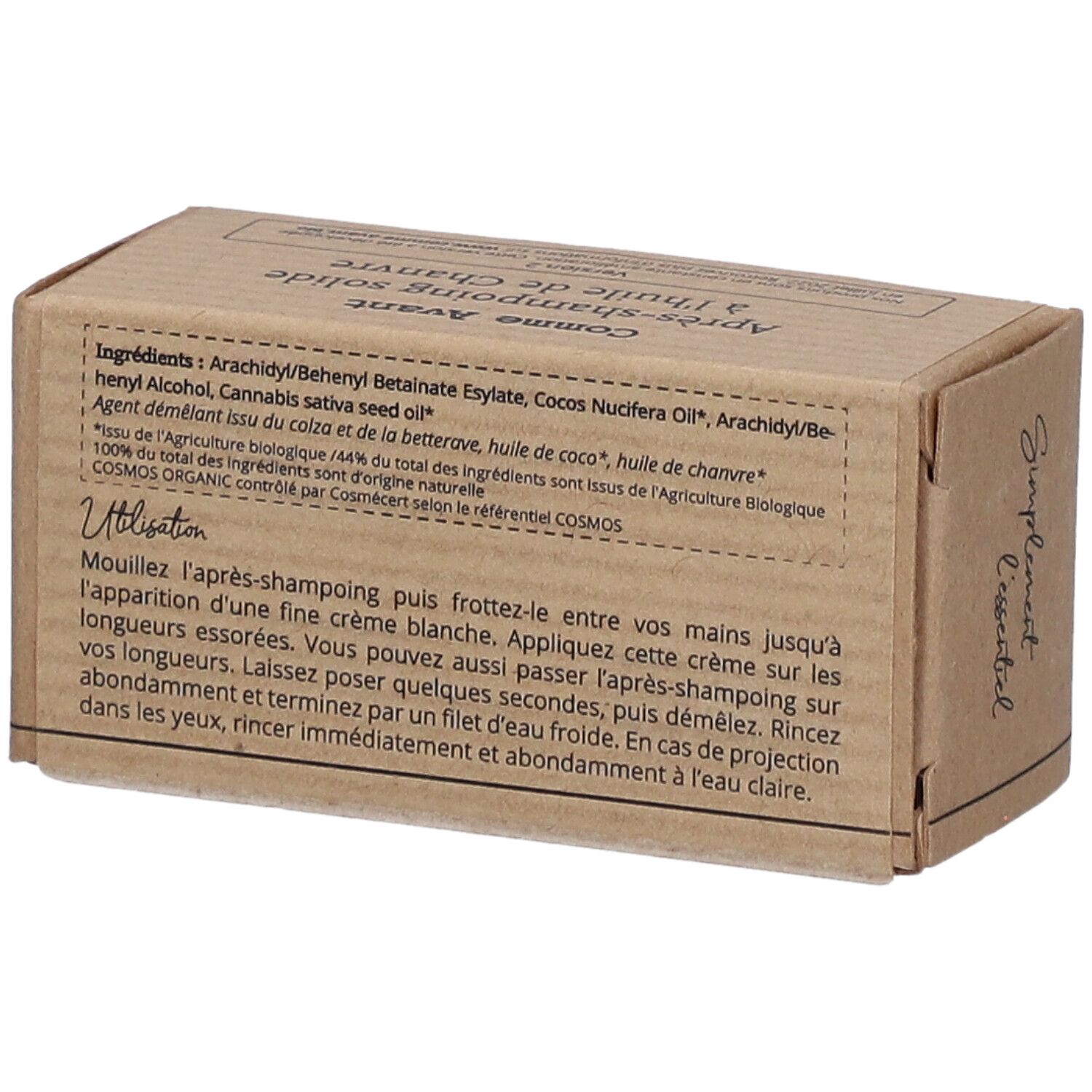 Kartonverpackung mit Produktbezeichnung: Comme Avant Après-shampooing solide à l'huile de Chanvre. Mit Inhaltsstoffen und Gebrauchsanweisung.