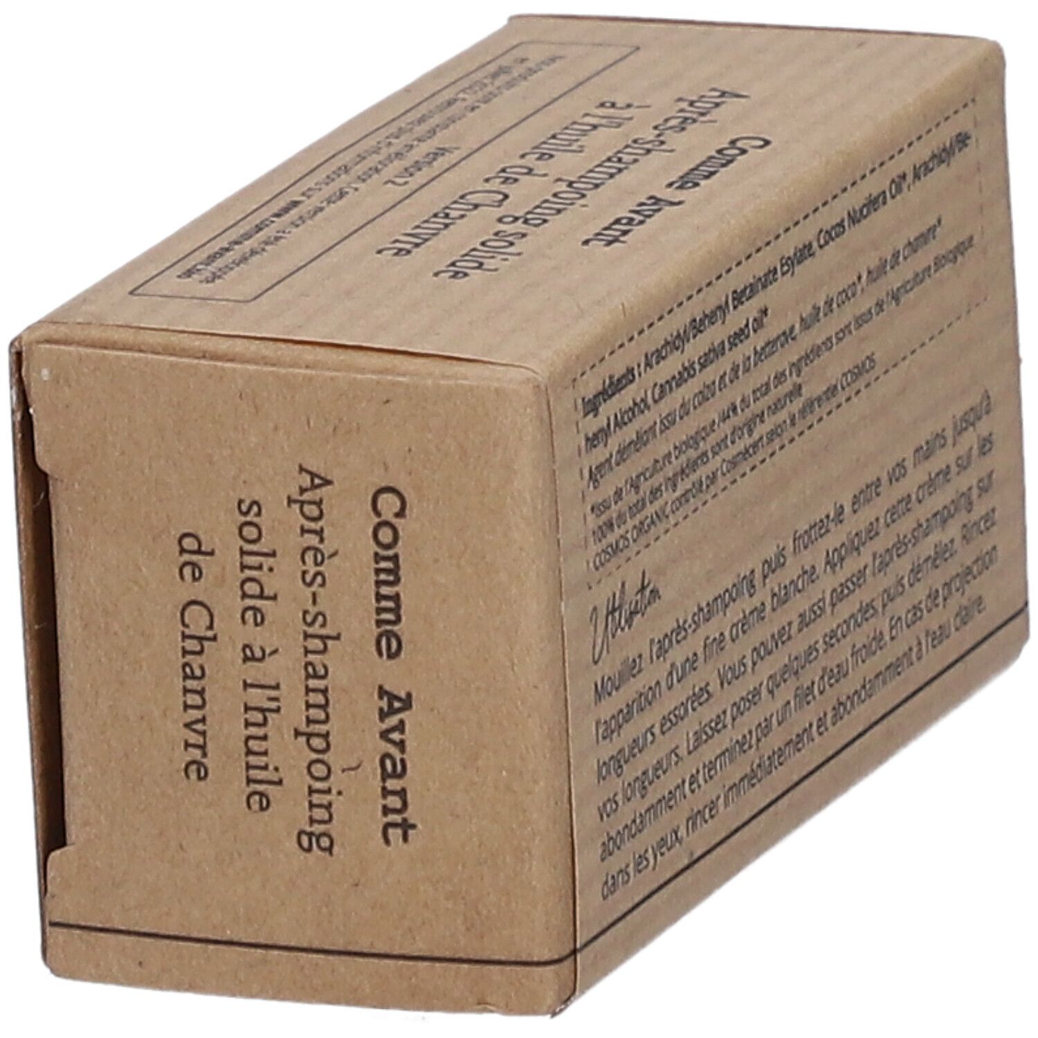 Kartonverpackung mit Produktbezeichnung: Comme Avant Après-shampooing solide à l'huile de Chanvre. Mit Zertifizierungen und 45g.