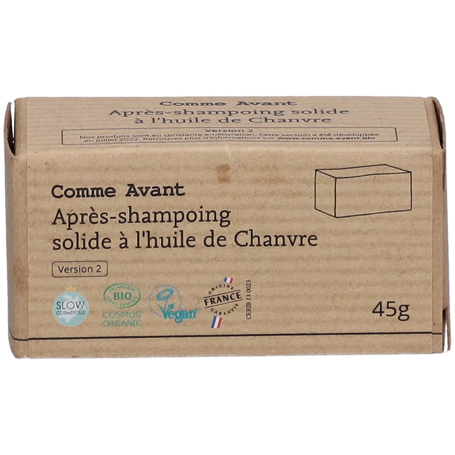Kartonverpackung mit Produktbezeichnung: Comme Avant Après-shampooing solide à l'huile de Chanvre. Mit Zertifizierungen und 45g.