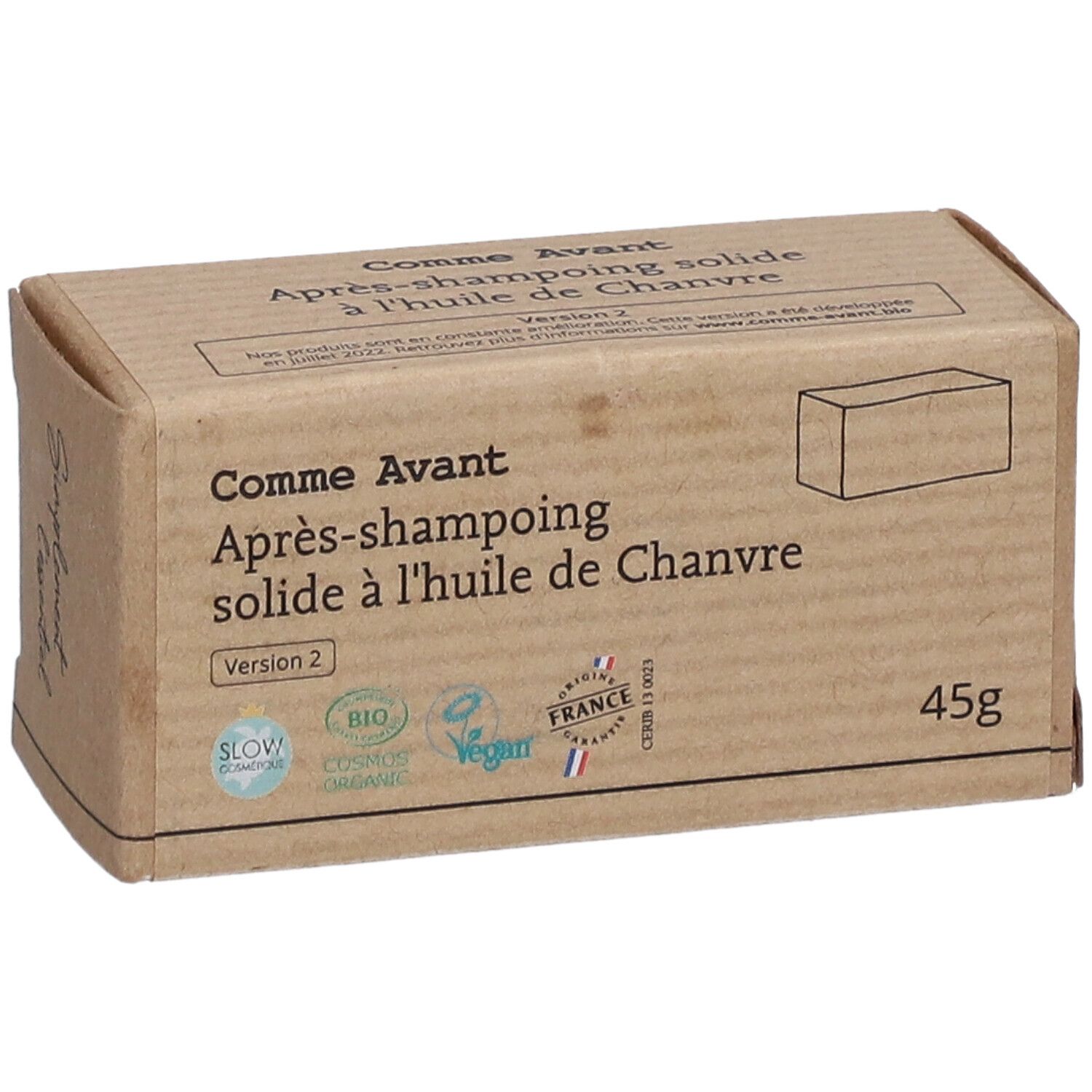 Kartonverpackung mit Produktbezeichnung: Comme Avant Après-shampooing solide à l'huile de Chanvre. Mit Zertifizierungen und 45g.