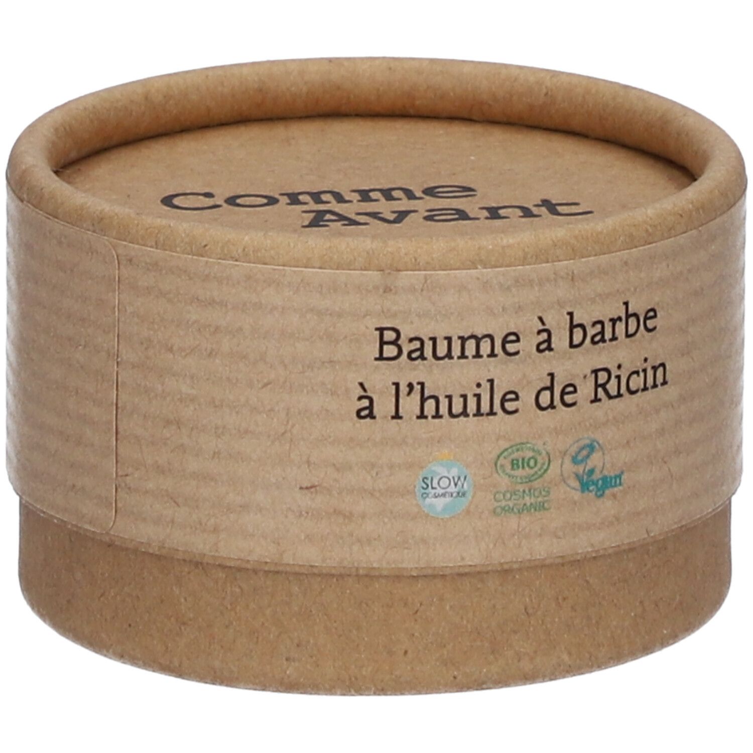 Runde Pappdose. Aufschrift: Comme Avant, Bartbalsam mit Rizinusöl. Bio- und Vegan-Siegel.