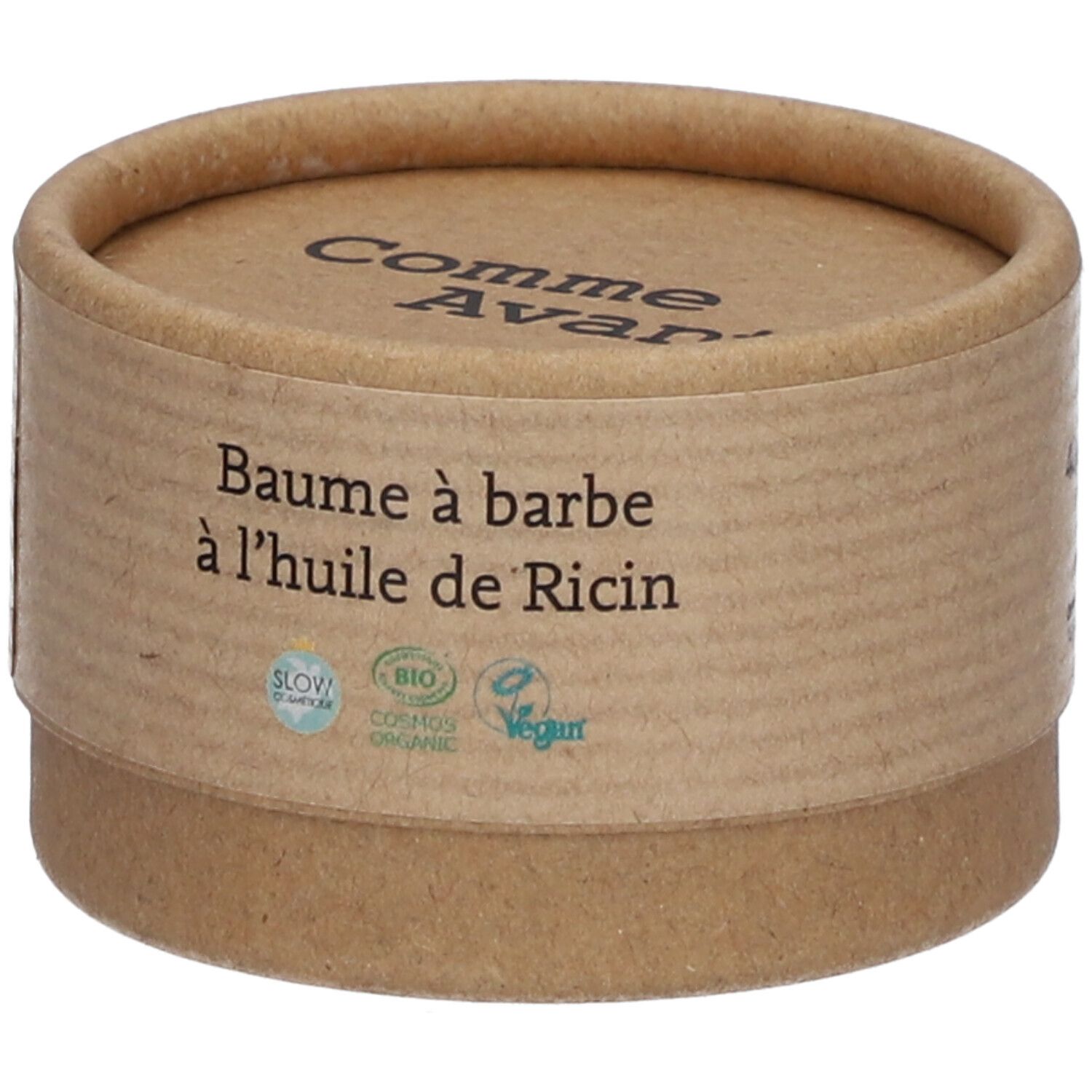 Runde Pappdose. Aufschrift: Comme Avant, Bartbalsam mit Rizinusöl. Bio- und Vegan-Siegel.