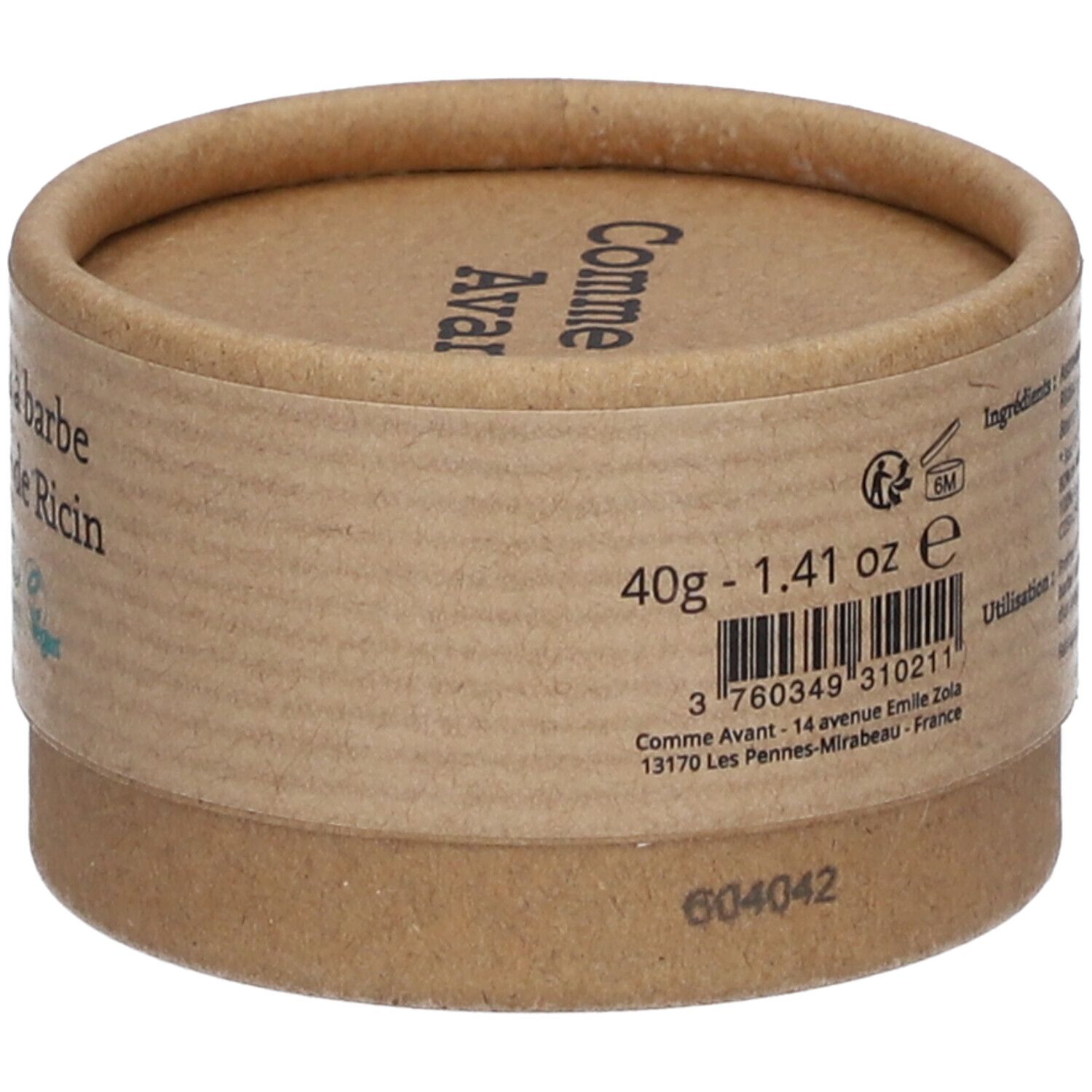 Zylindrische Pappdose. Aufschrift: Comme Avant. Produktgewicht 40g. Barcode und Adresse.