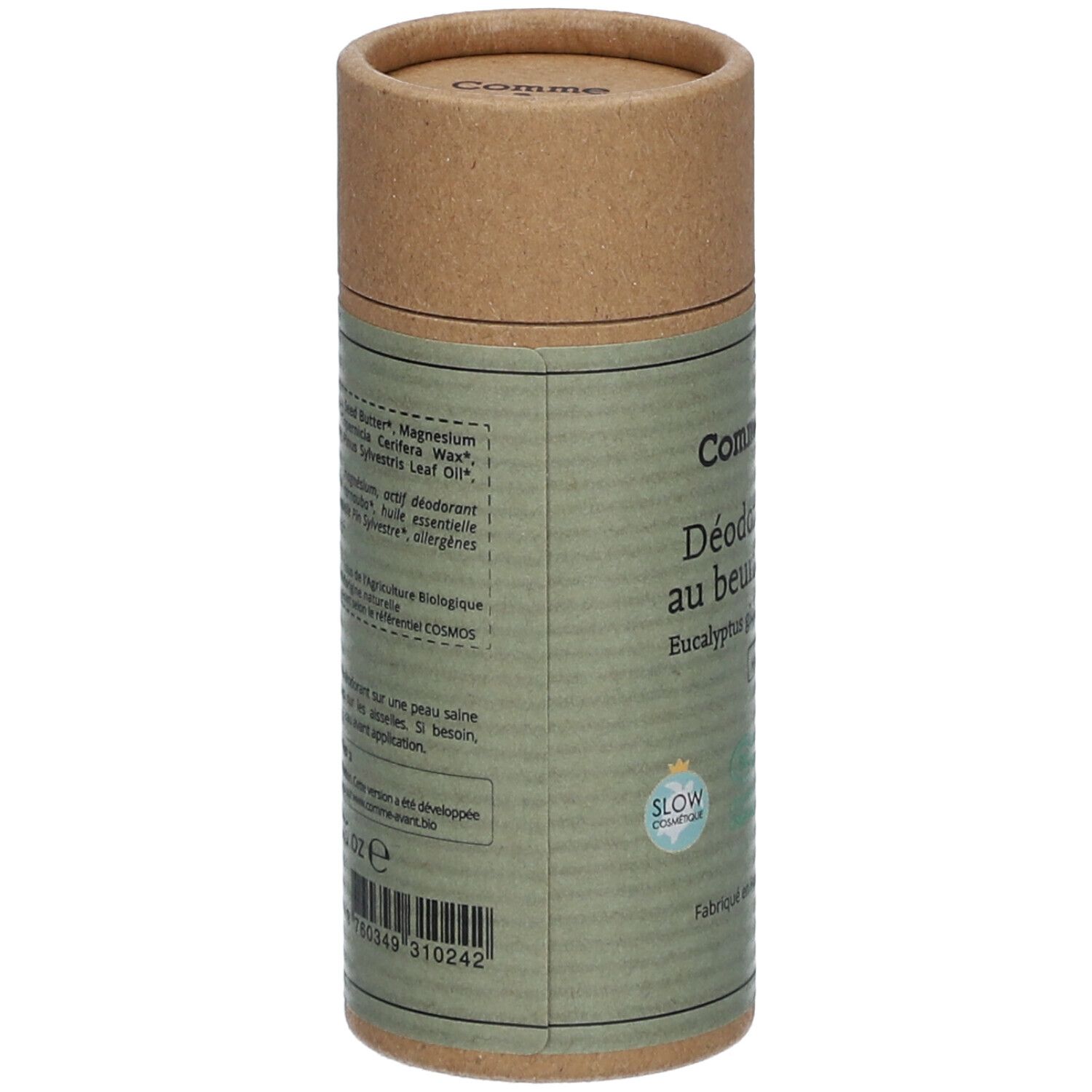 Zylindrische Verpackung, Rückseite. Text: Inhaltsstoffe, Anwendung. Siegel: Slow Cosmétique. Barcode und weitere Informationen.