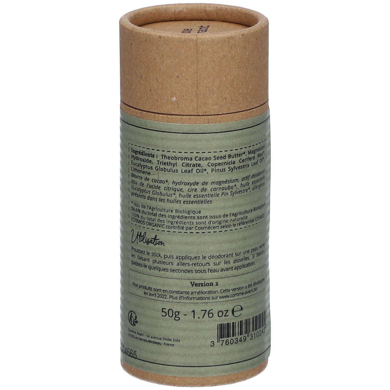 Zylindrische Verpackung, Rückseite. Text: Inhaltsstoffe, Anwendung, 50g. Siegel: Bio, Vegan, Slow Cosmétique. Barcode.