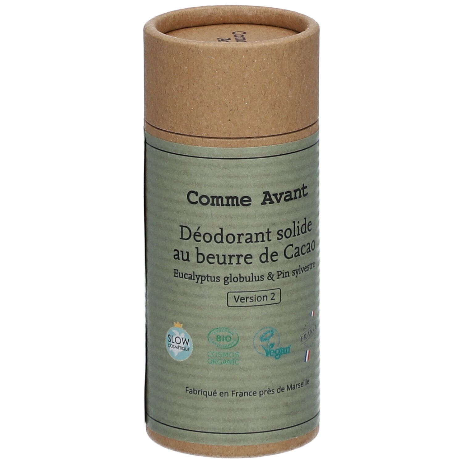 Zylindrische Verpackung mit Deckel. Aufschrift: Comme Avant, Déodorant solide, Eukalyptus & Waldkiefer. Siegel: Bio, Vegan, Frankreich.