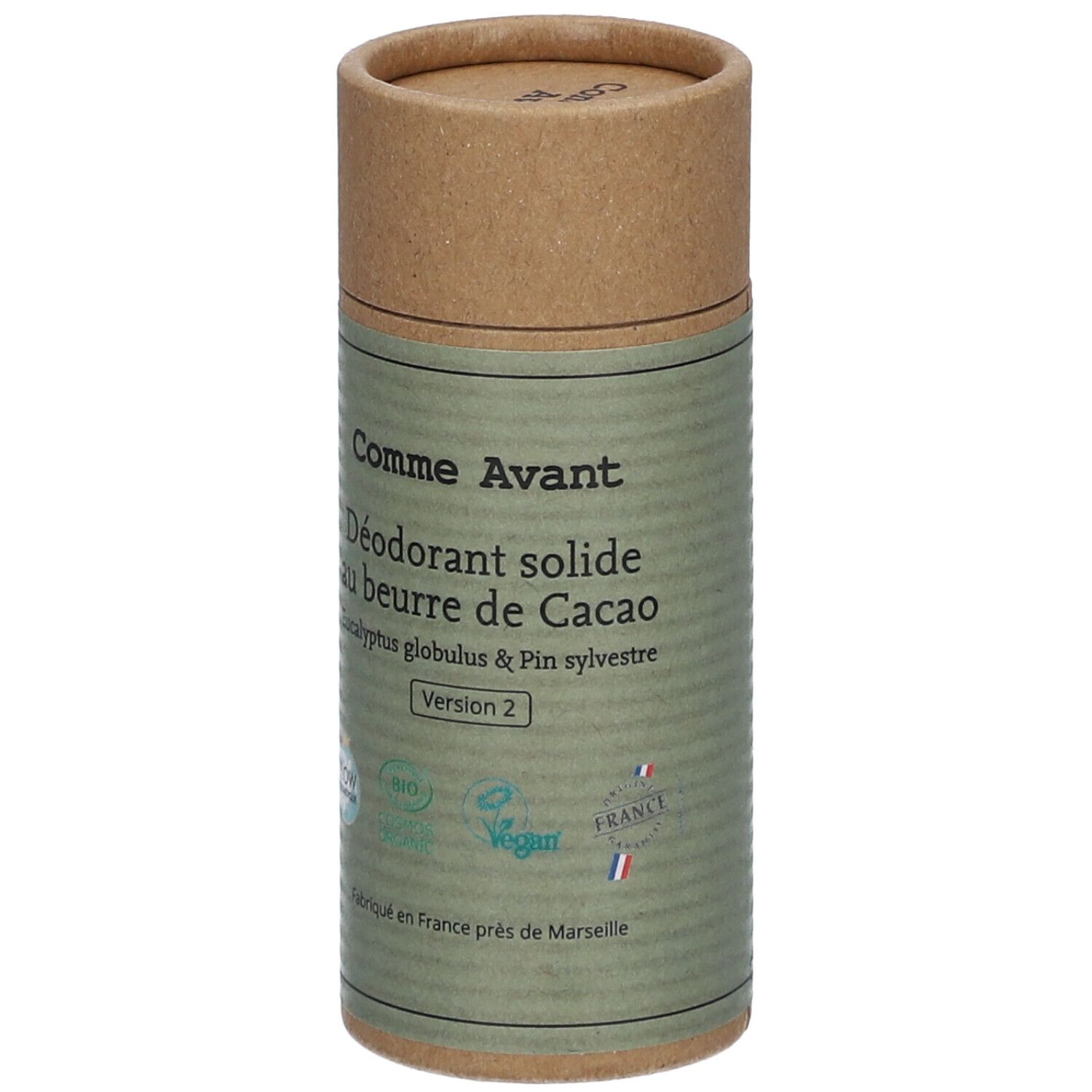Zylindrische Verpackung mit Deckel. Aufschrift: Comme Avant, Déodorant solide, Eukalyptus & Waldkiefer. Siegel: Bio, Vegan, Frankreich.