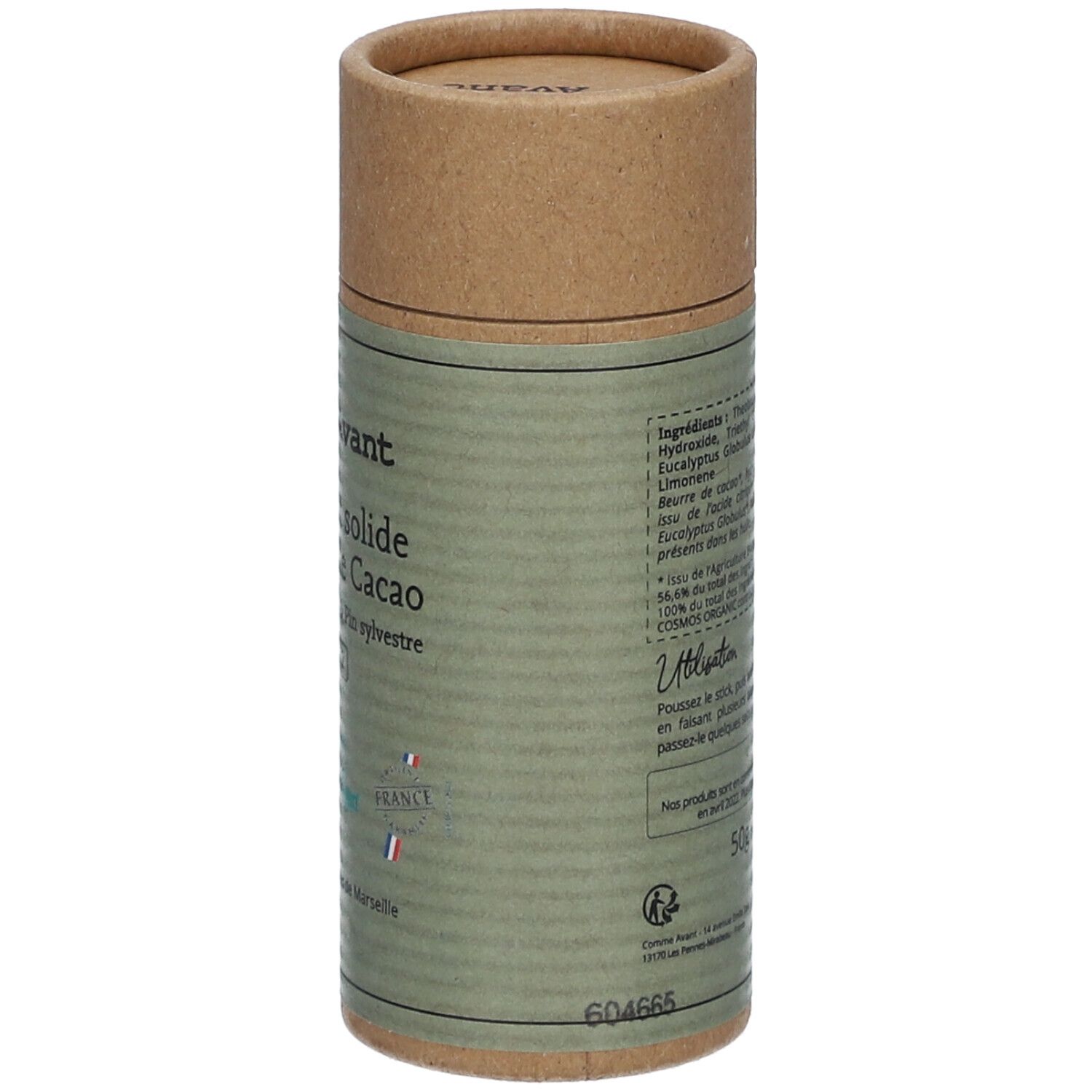 Zylindrische Verpackung, Rückseite. Text: Inhaltsstoffe, Anwendung, 50g. Siegel: Bio, Vegan, Slow Cosmétique. Barcode.