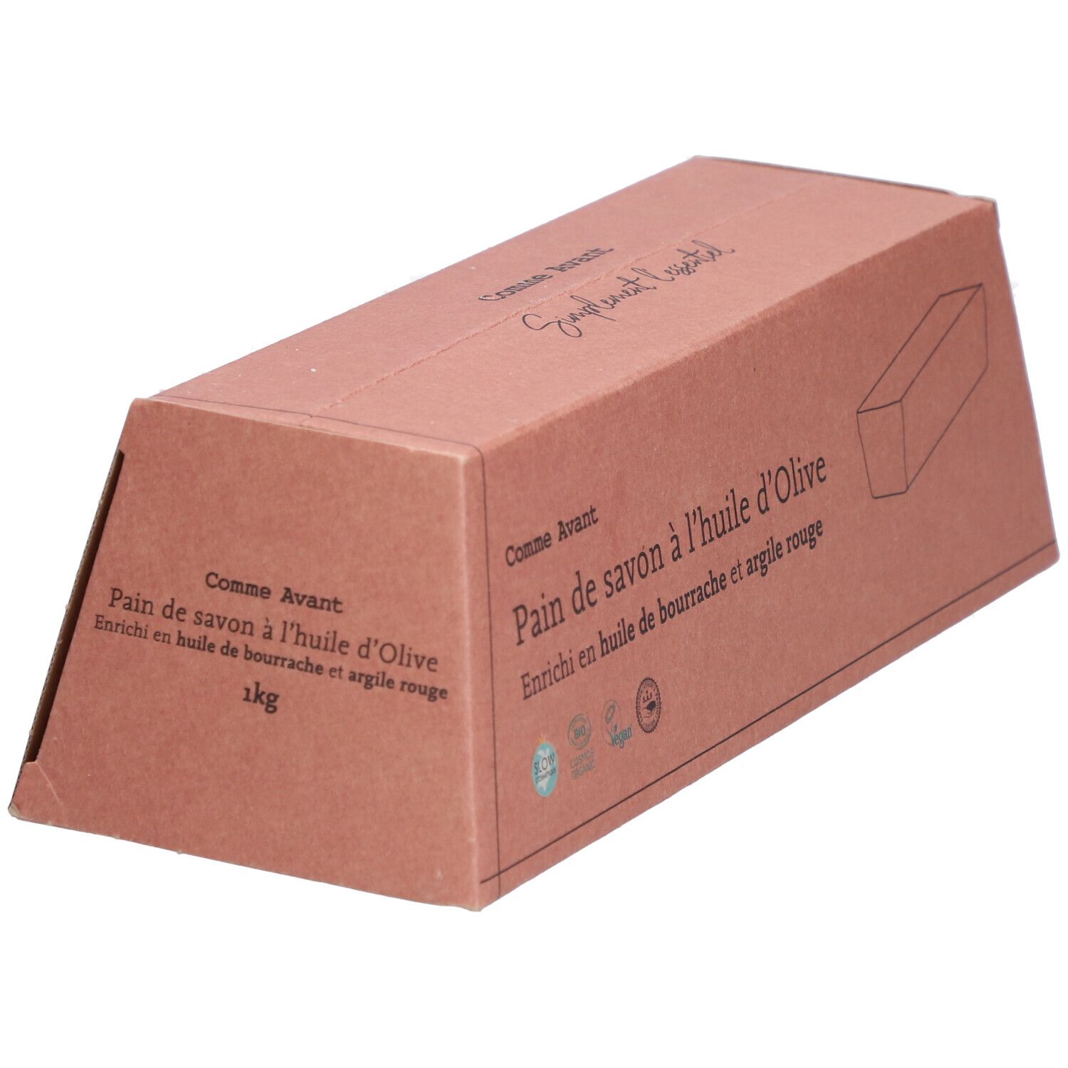 Emballage en carton avec texte: Pain de savon à l'huile d'Olive. Enrichi en huile de bourrache et argile rouge. 1 kg.