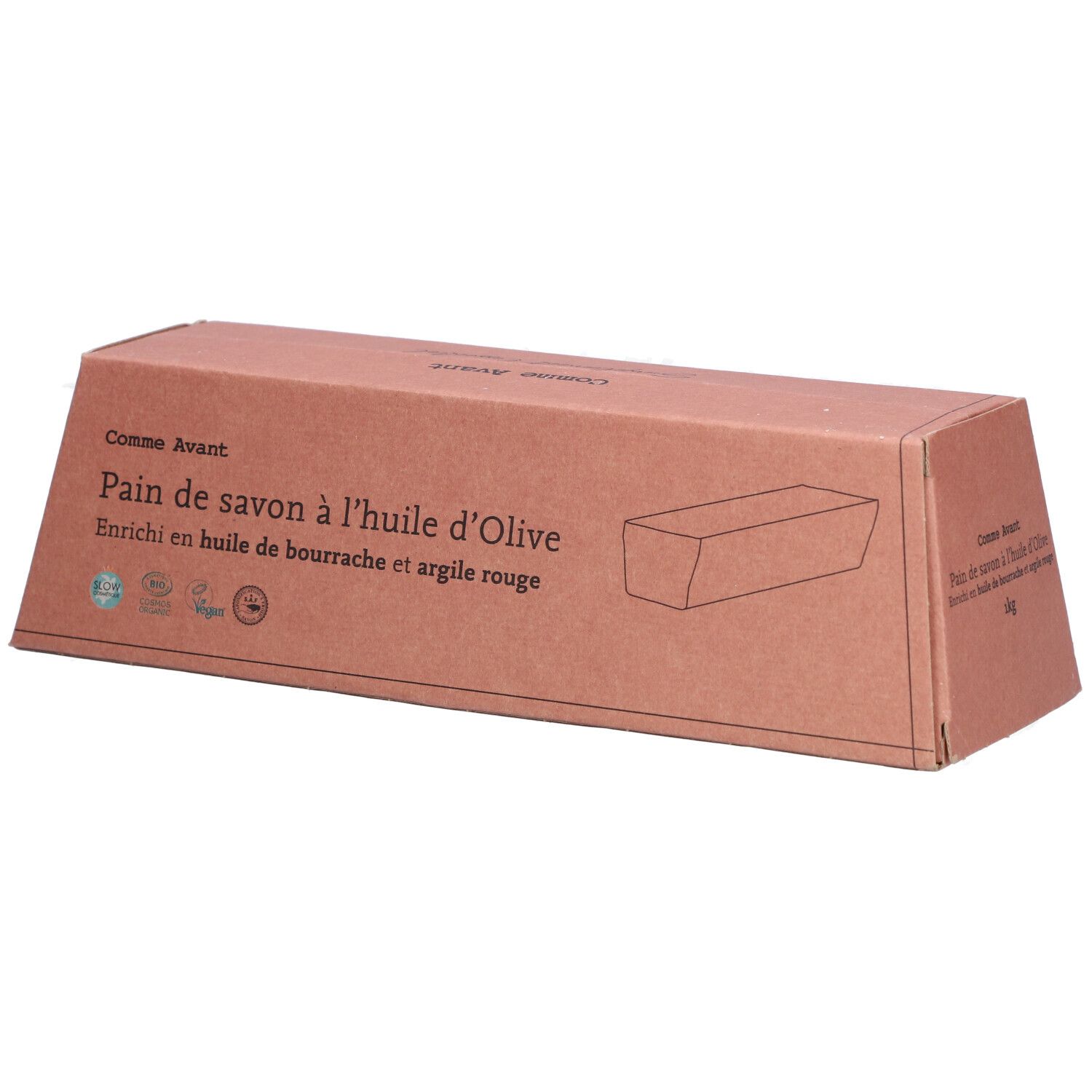 Emballage en carton avec texte: Pain de savon à l'huile d'Olive. Enrichi en huile de bourrache et argile rouge.