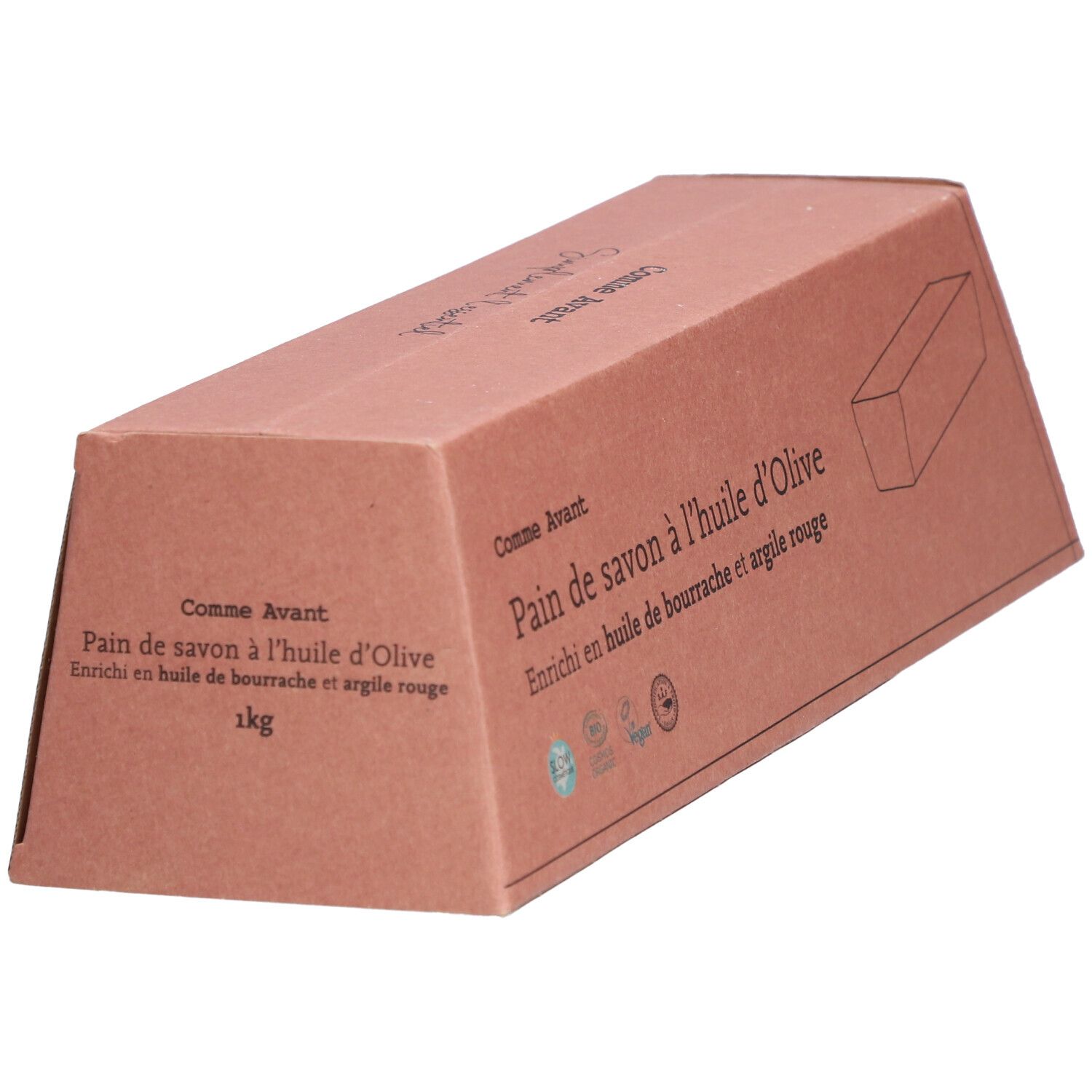 Emballage en carton avec texte: Pain de savon à l'huile d'Olive. Enrichi en huile de bourrache et argile rouge. 1 kg.
