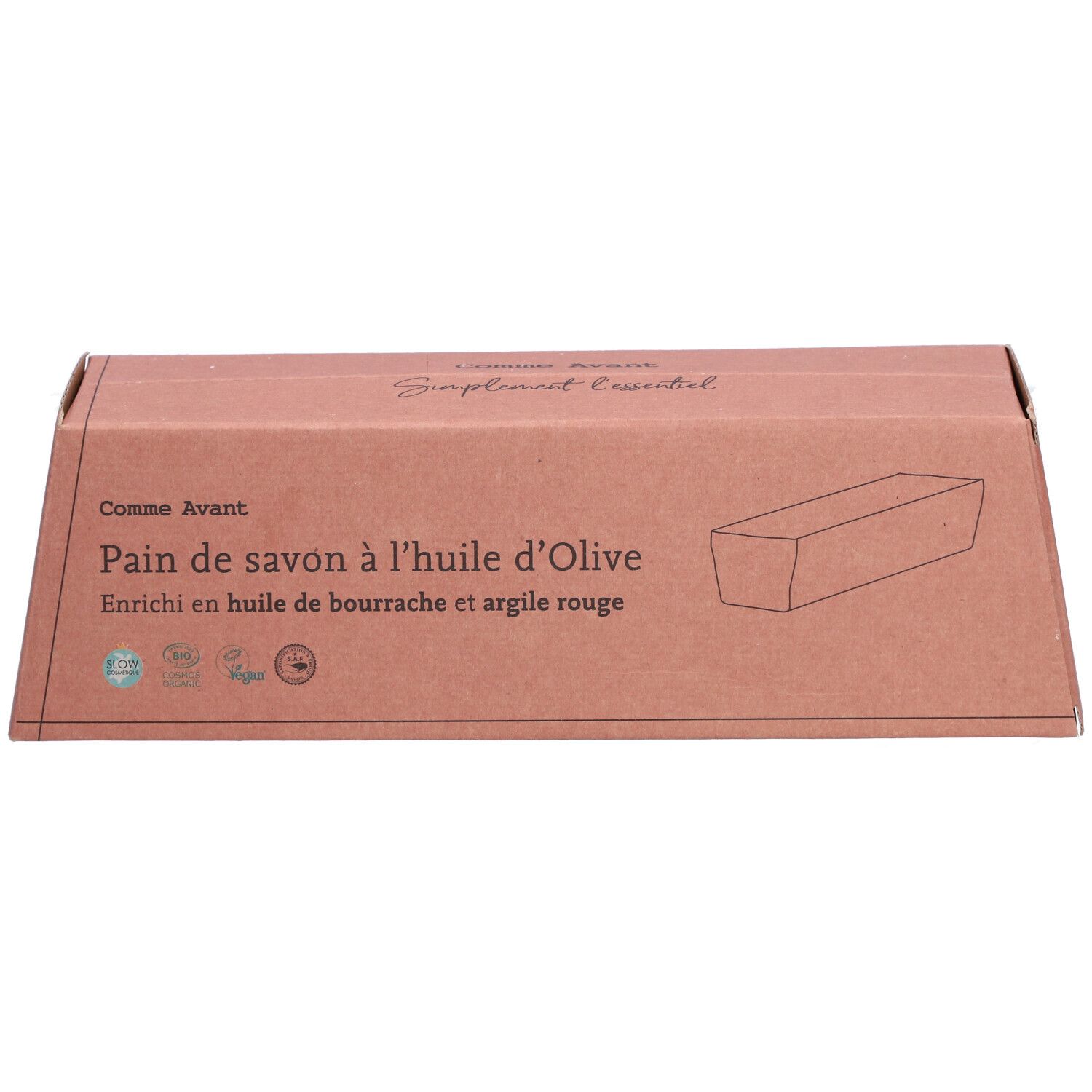 Emballage en carton avec texte: Pain de savon à l'huile d'Olive. Enrichi en huile de bourrache et argile rouge.