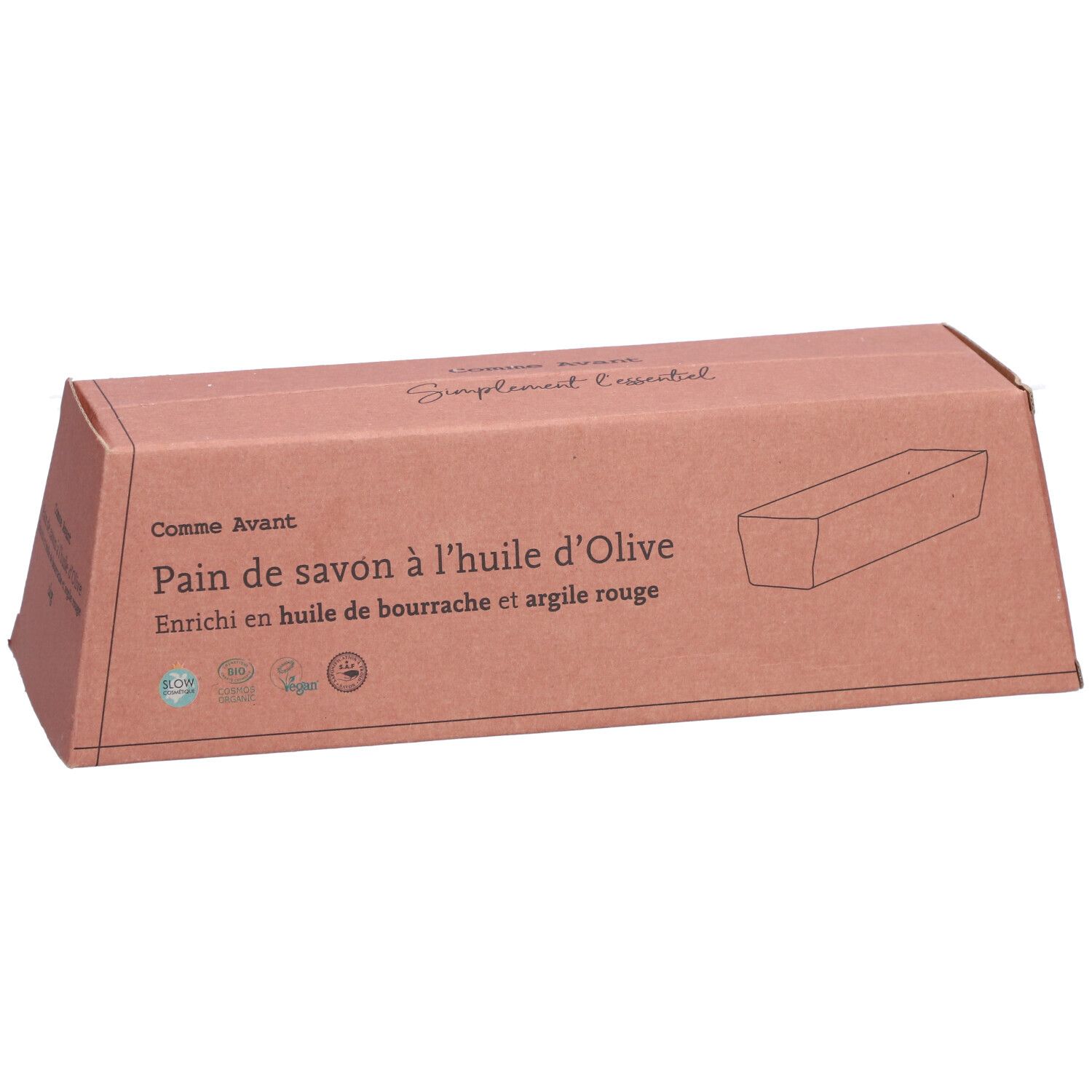 Emballage en carton avec texte: Pain de savon à l'huile d'Olive. Enrichi en huile de bourrache et argile rouge.