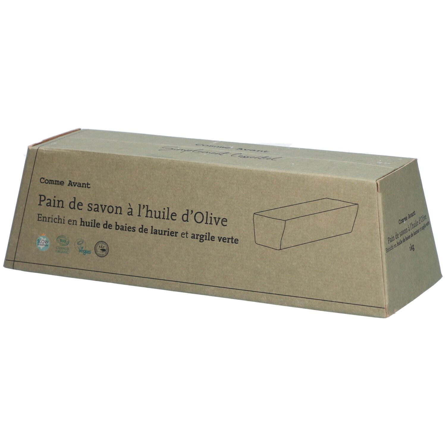 Emballage en carton avec nom du produit et ingrédients. Inscription : Pain de savon à l'huile d'Olive.