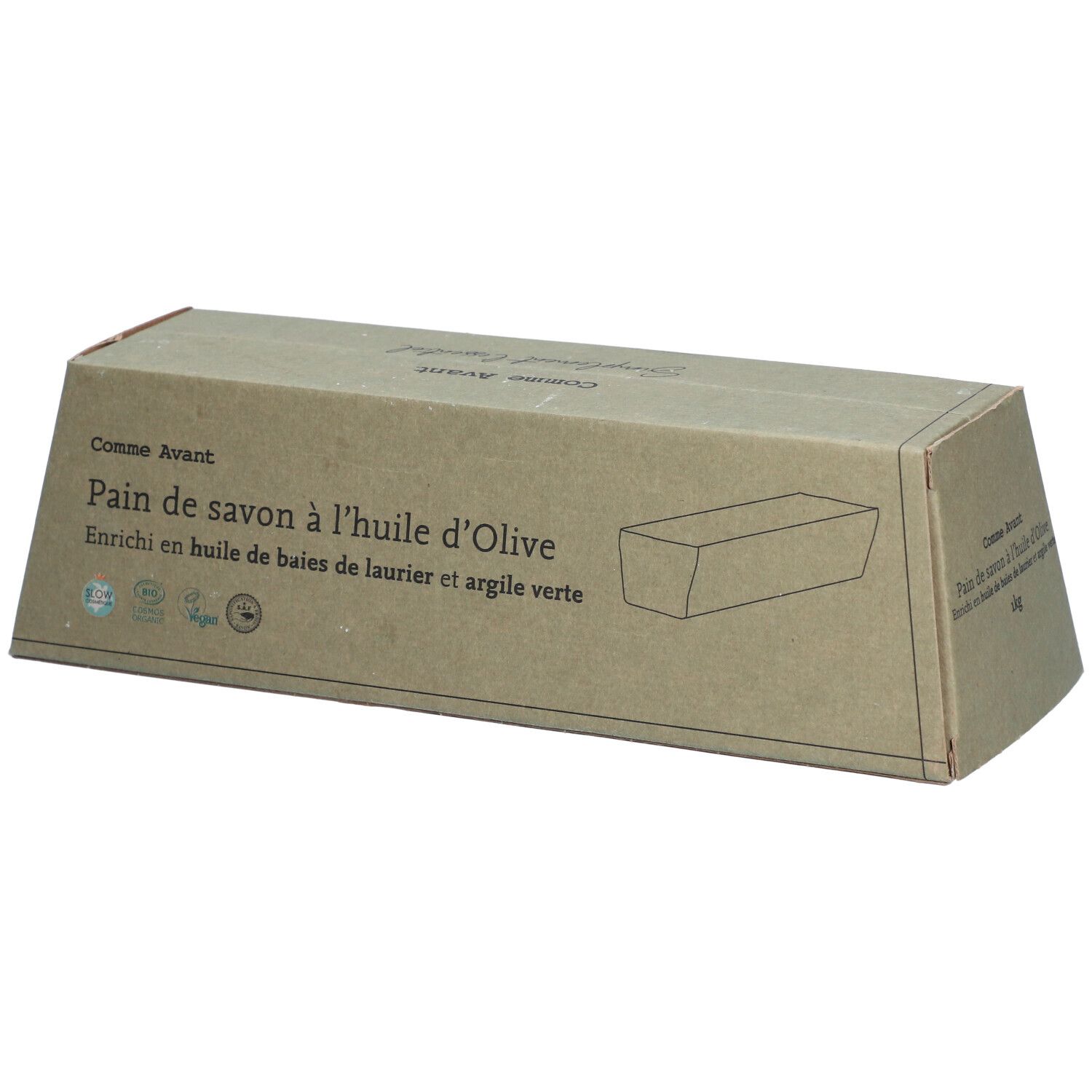 Emballage en carton avec nom du produit et ingrédients. Inscription : Pain de savon à l'huile d'Olive.