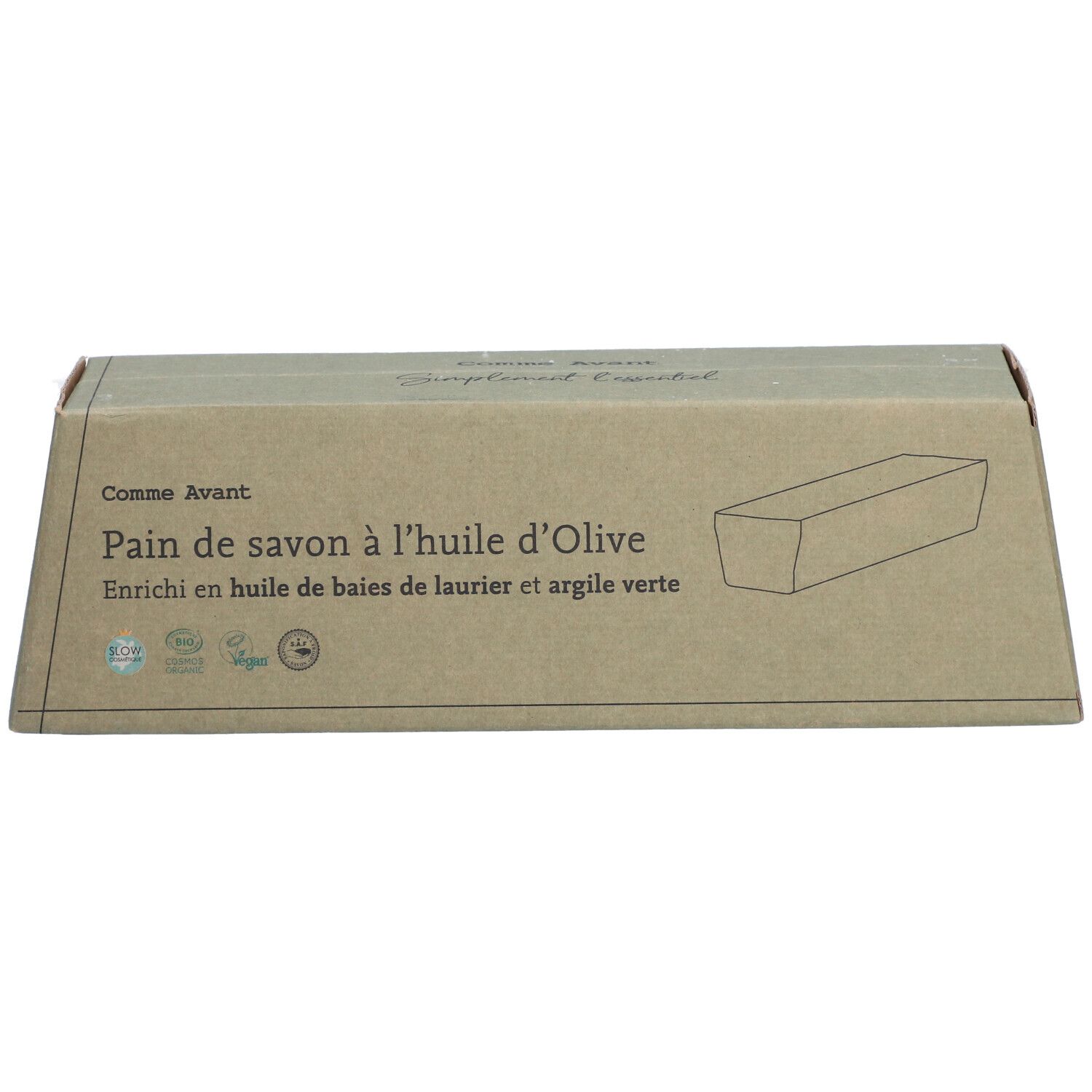 Emballage en carton avec nom du produit et ingrédients. Inscription : Pain de savon à l'huile d'Olive.