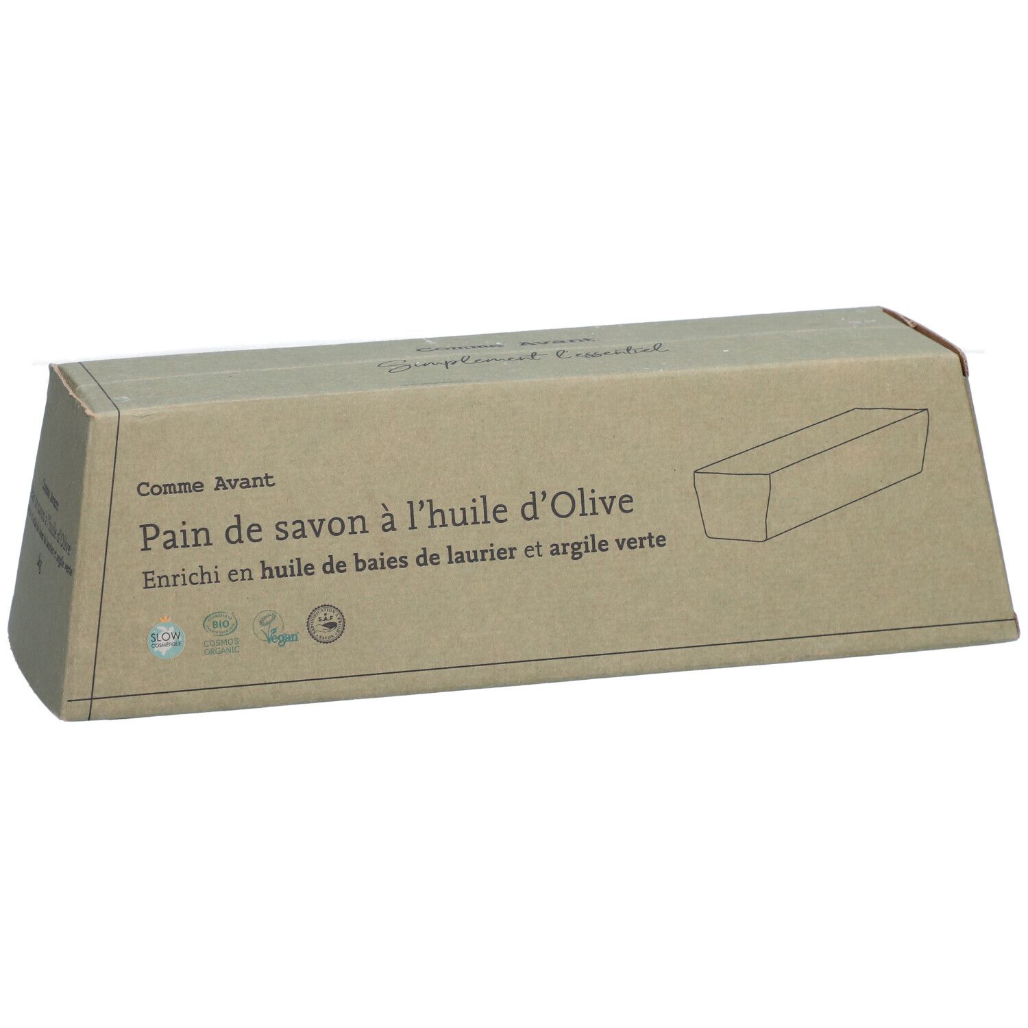 Emballage en carton avec nom du produit et ingrédients. Inscription : Pain de savon à l'huile d'Olive.