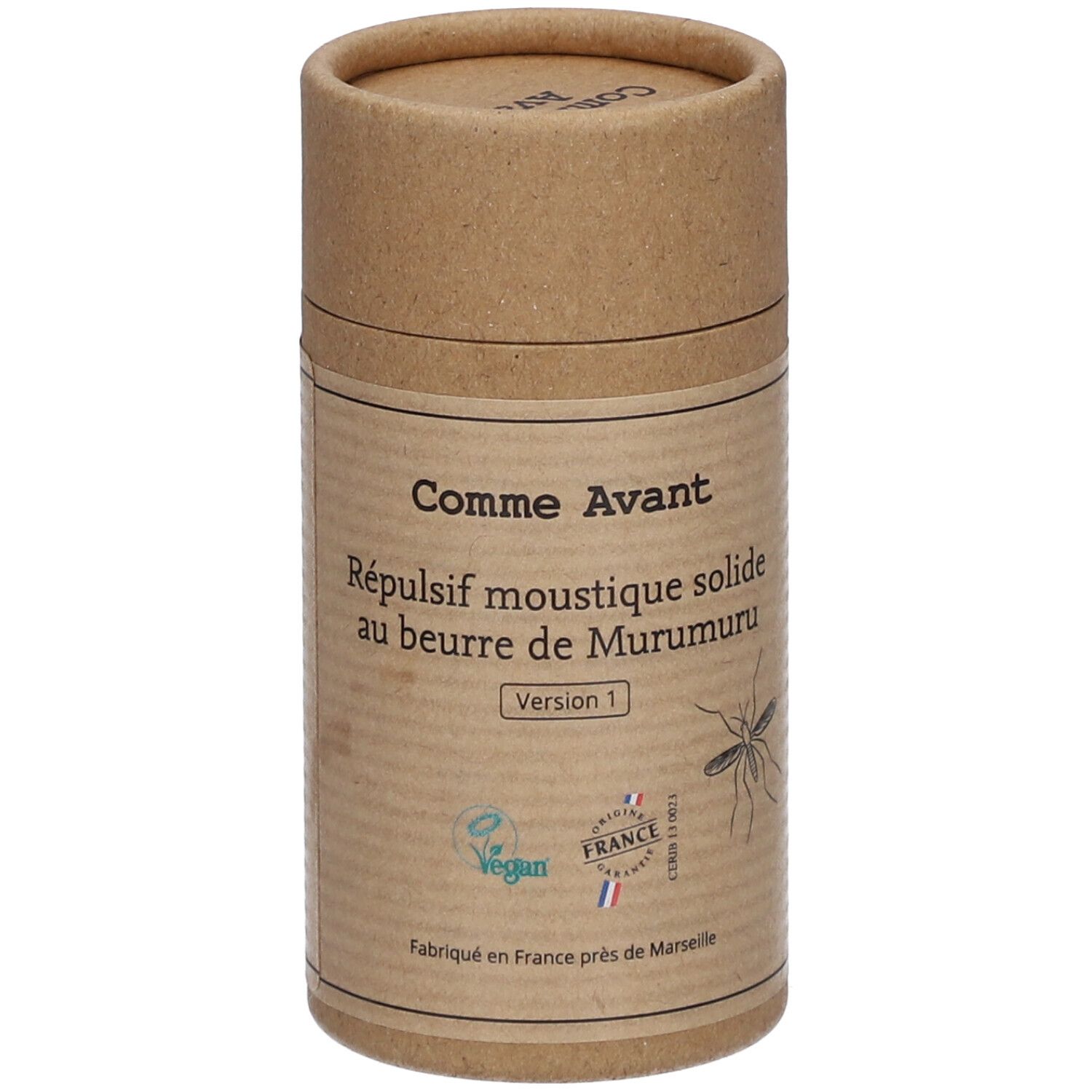 Cilindrische kartonnen verpakking. Opschrift: Comme Avant, Repulsif moustique solide au beurre de Murumuru. Vegan-logo, Made in France.