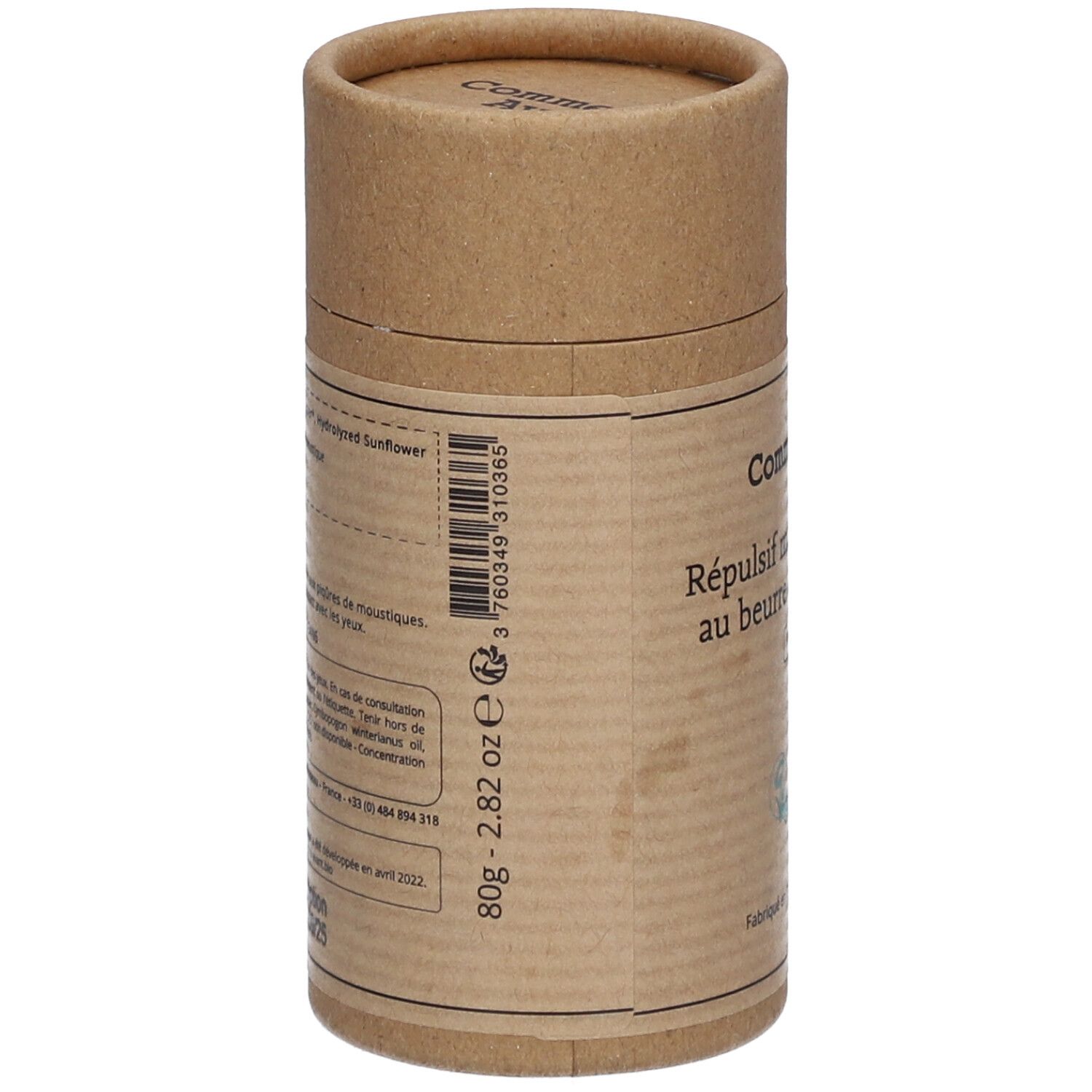 Cilindrische kartonnen verpakking. Achterkant met ingrediënten, barcode, gewicht 80g - 2.82 oz en fabrikantinfo.