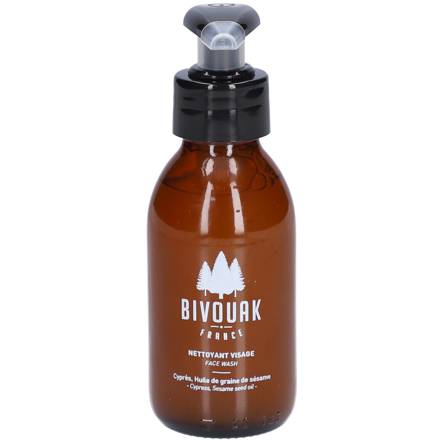 Braune Glasflasche mit schwarzem Pumpkopf. Aufschrift: BIVOUAK FRANCE, NETTOYANT VISAGE FACE WASH.
