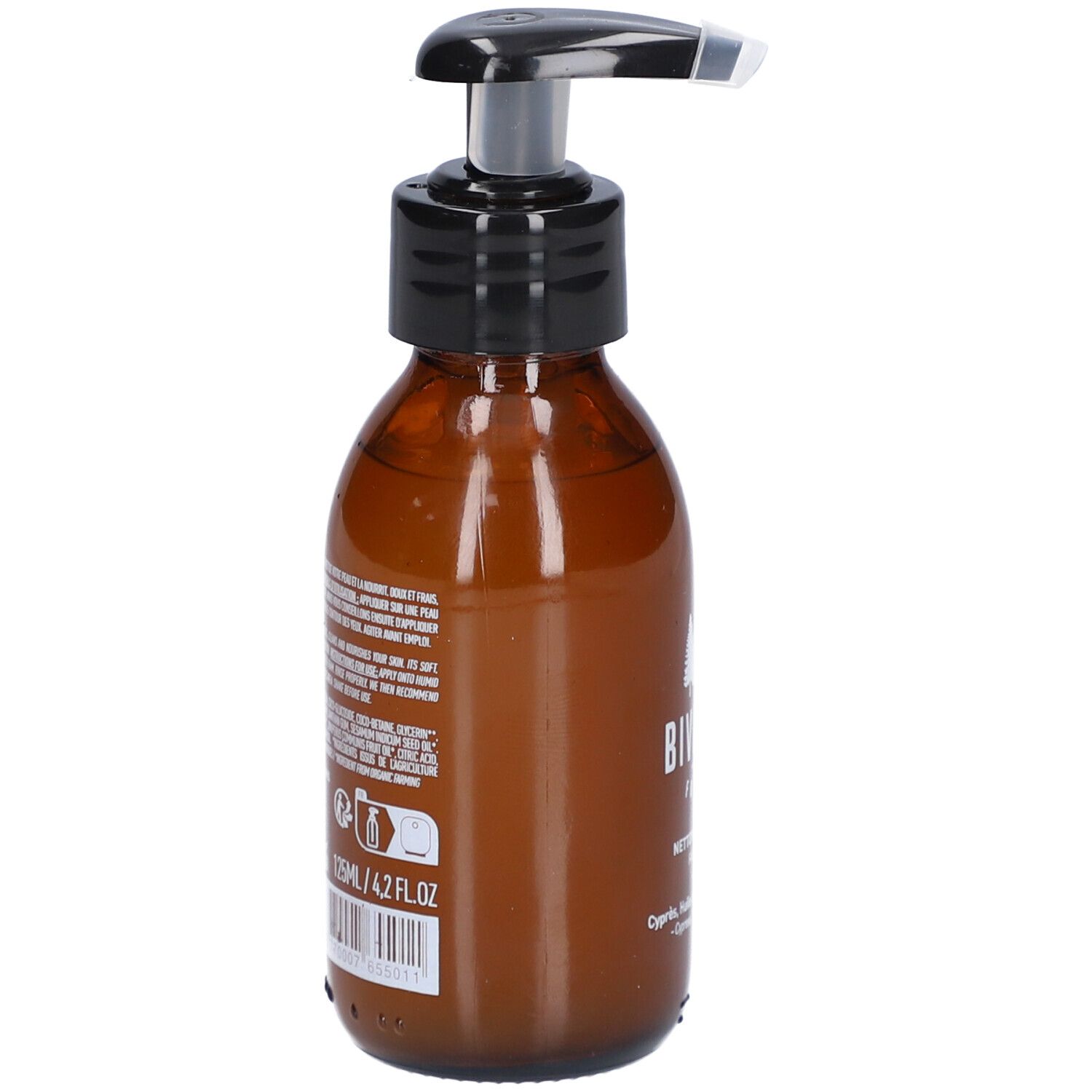 Braune Glasflasche mit schwarzem Pumpkopf. Auf der Rückseite Text und Angaben zu Inhaltsstoffen.