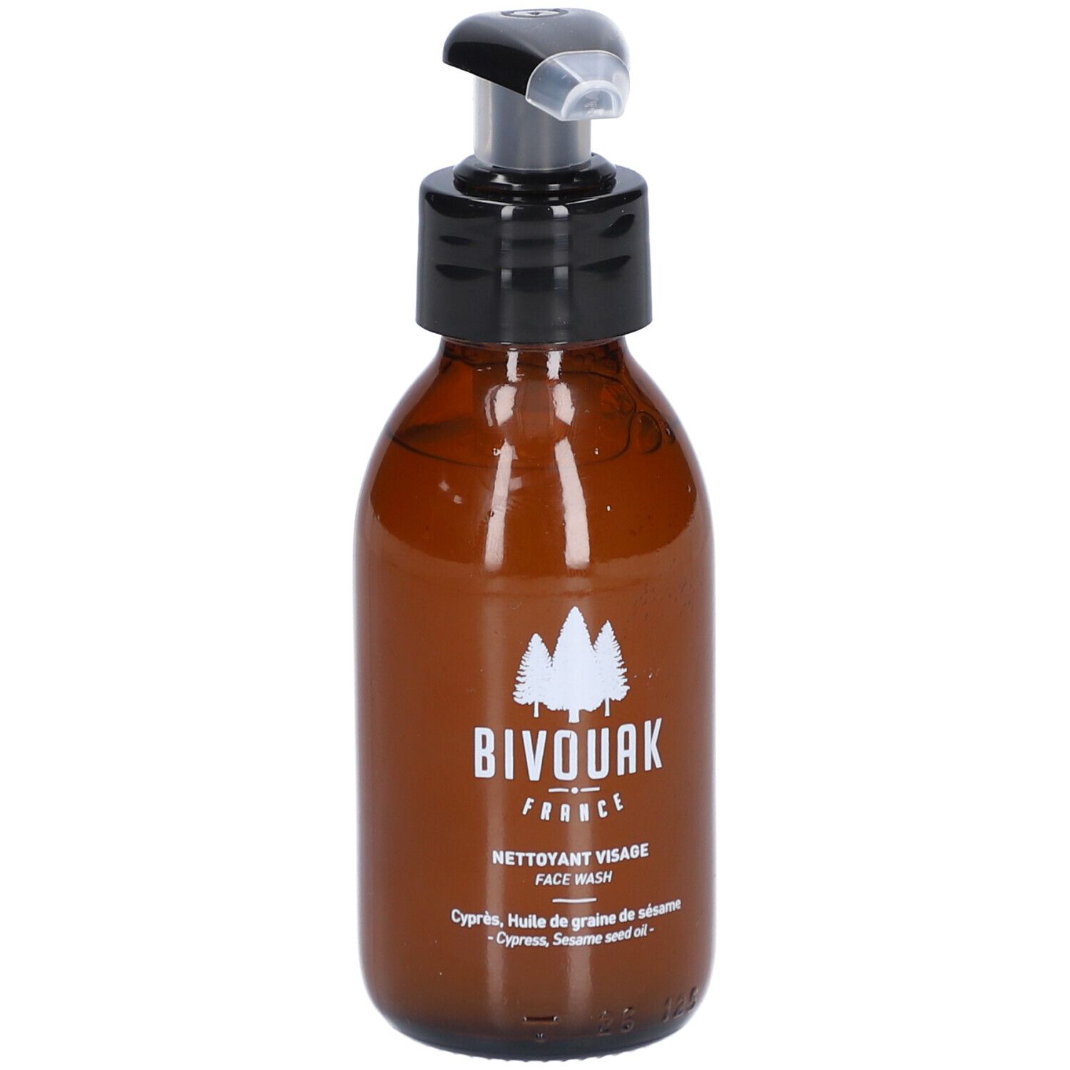 Braune Glasflasche mit schwarzem Pumpkopf. Aufschrift: BIVOUAK FRANCE, NETTOYANT VISAGE FACE WASH.