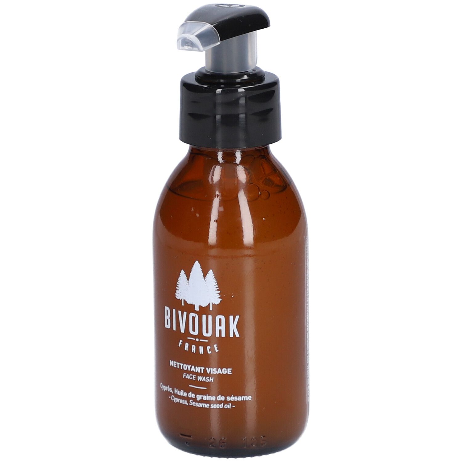 Braune Glasflasche mit schwarzem Pumpkopf. Aufschrift: BIVOUAK FRANCE, NETTOYANT VISAGE FACE WASH.