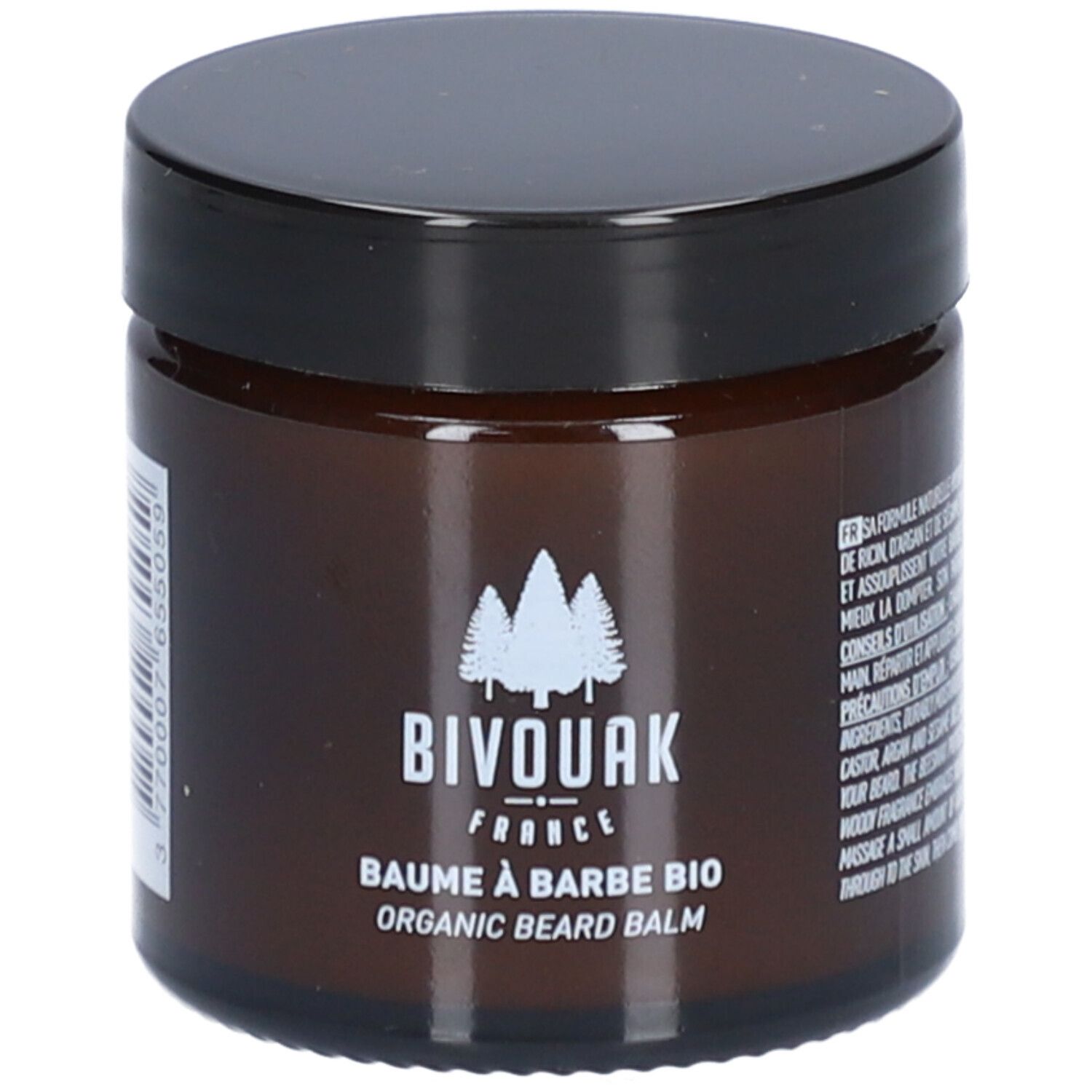 Pot en verre brun avec couvercle noir. Inscription : BIVOUAK, Baume à Barbe BIO, Organic Beard Balm. Logo blanc avec arbres.