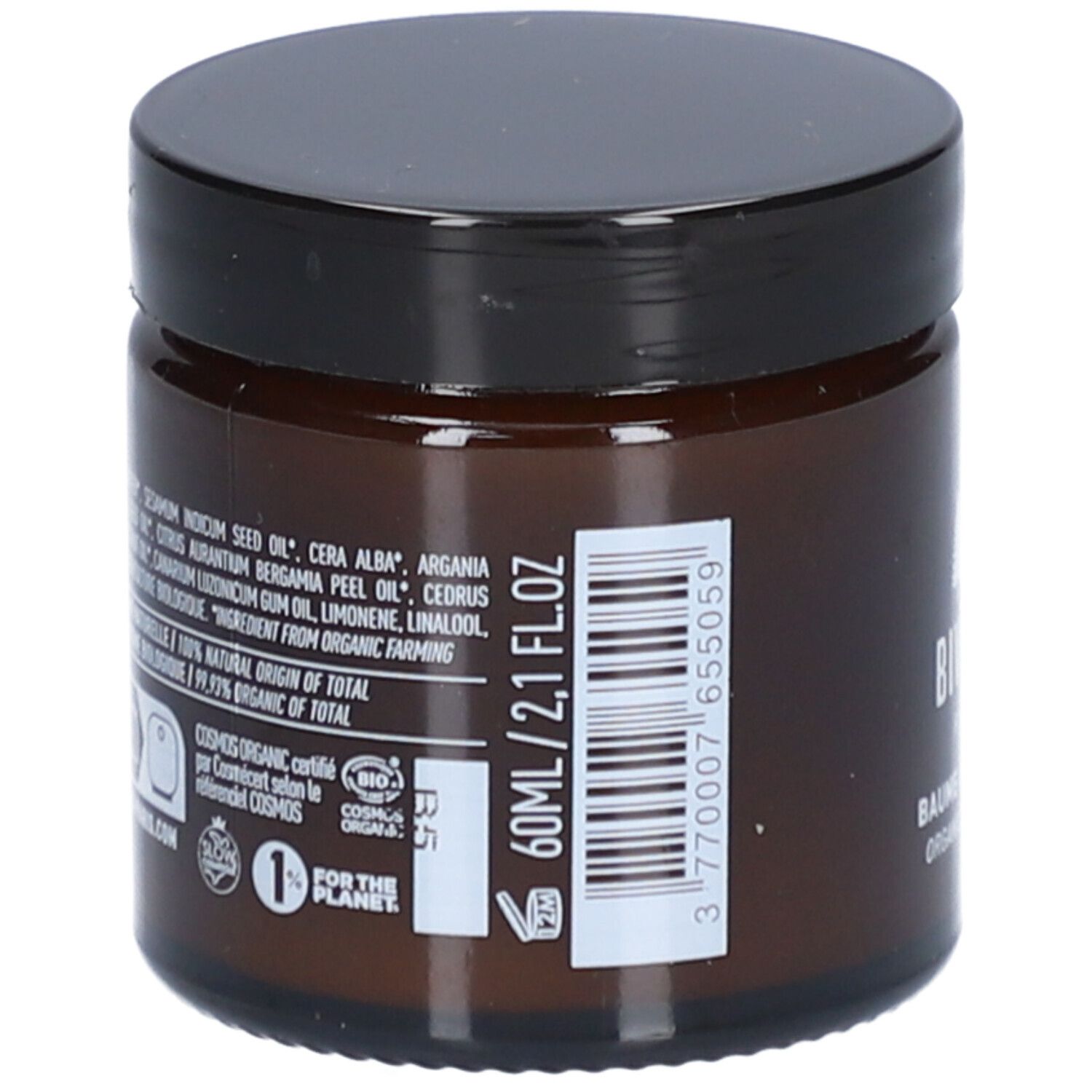 Pot en verre brun avec couvercle noir. Inscription : 60ml/2,1 fl oz. Ingrédients et certification COSMOS ORGANIC au dos.