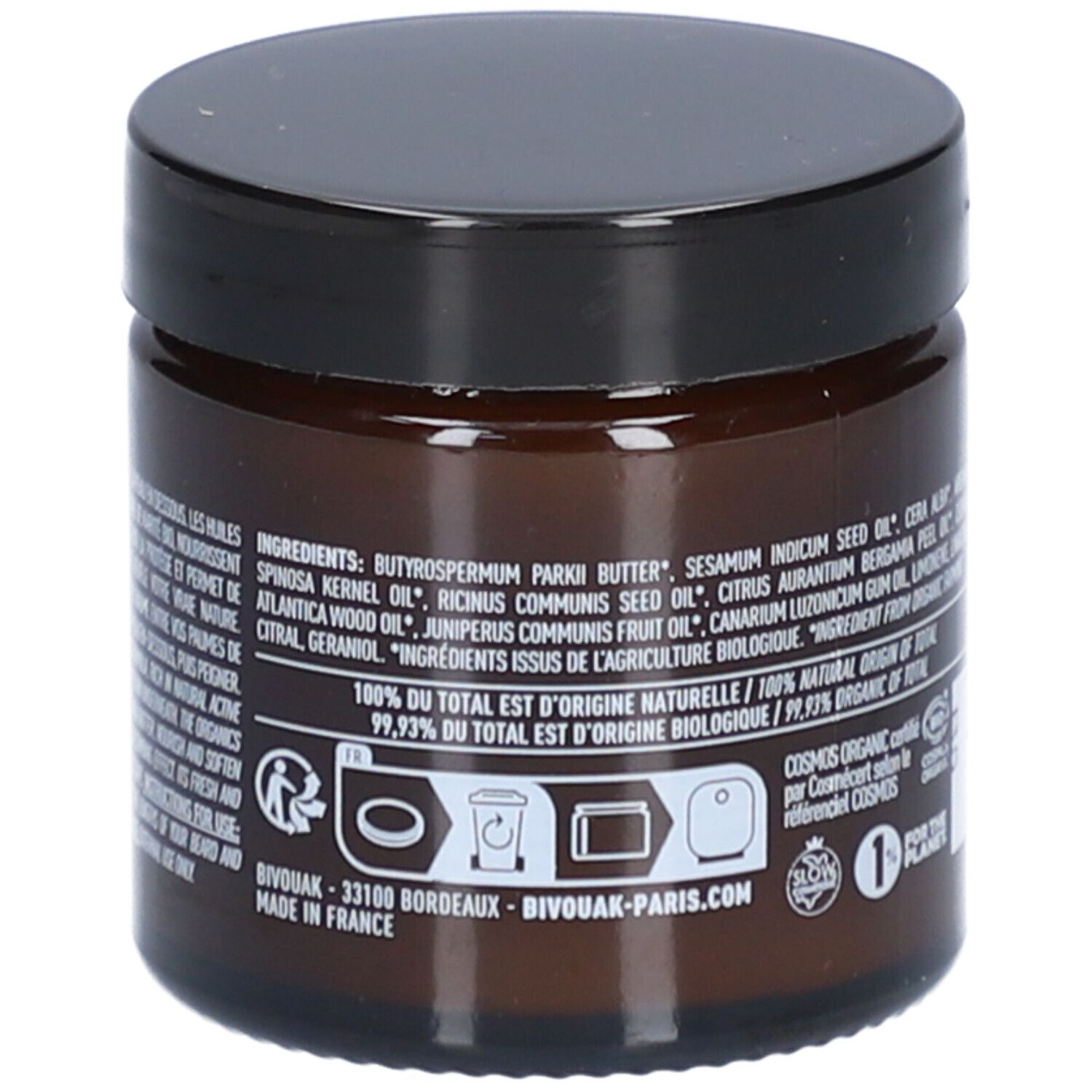 Pot en verre brun avec couvercle noir. Ingrédients au dos, certification COSMOS ORGANIC et pictogrammes.