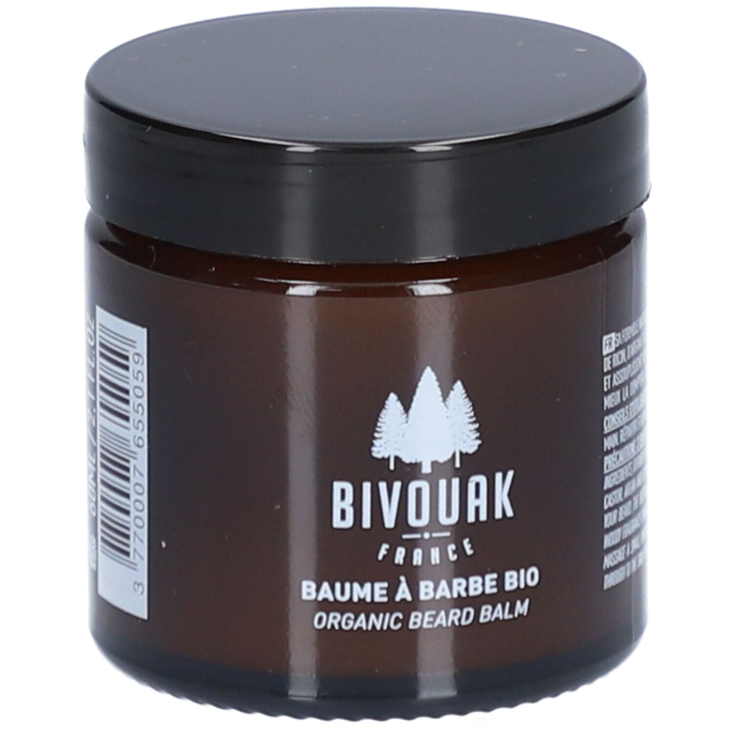Pot en verre brun avec couvercle noir. Inscription : BIVOUAK, Baume à Barbe BIO, Organic Beard Balm. Logo blanc avec arbres.