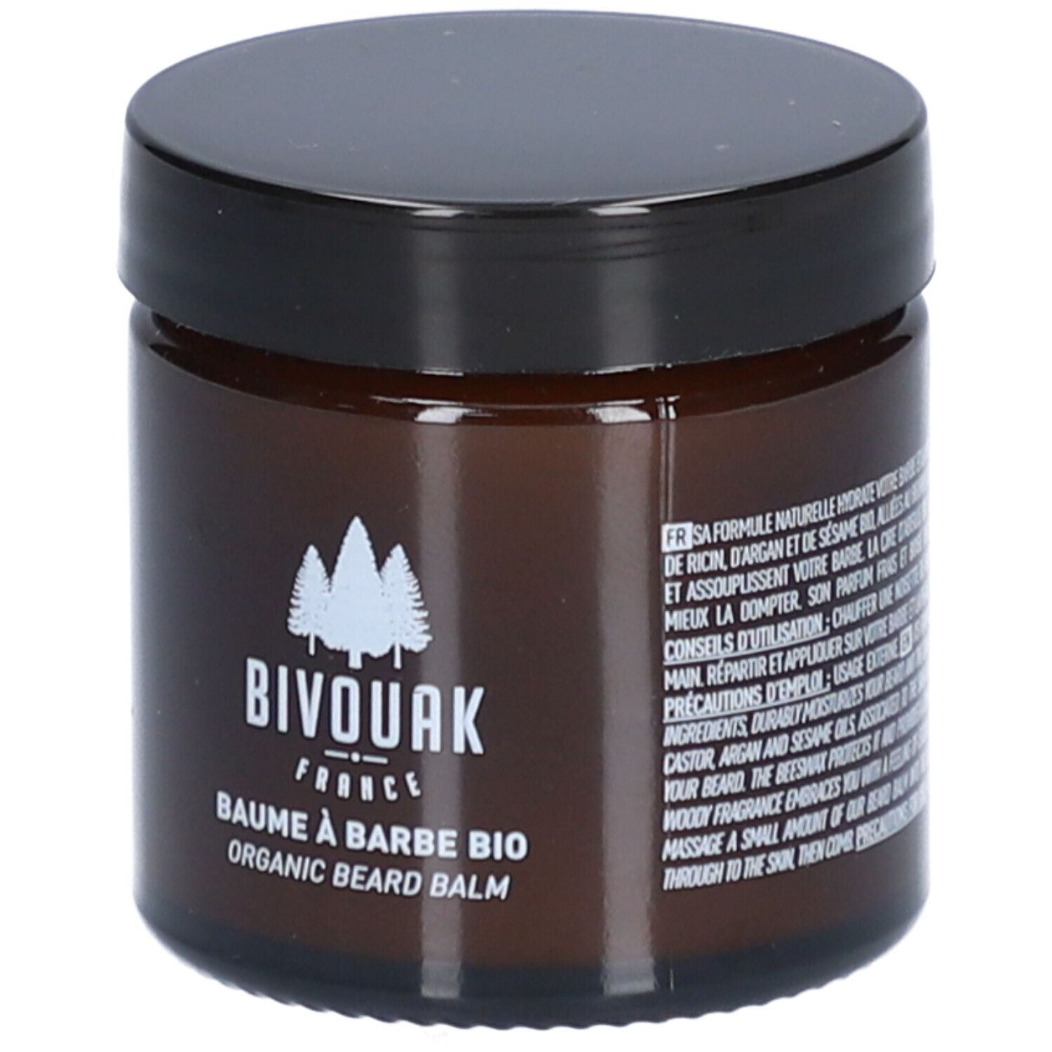 Pot en verre brun avec couvercle noir. Inscription : BIVOUAK, Baume à Barbe BIO, Organic Beard Balm. Logo blanc avec arbres.