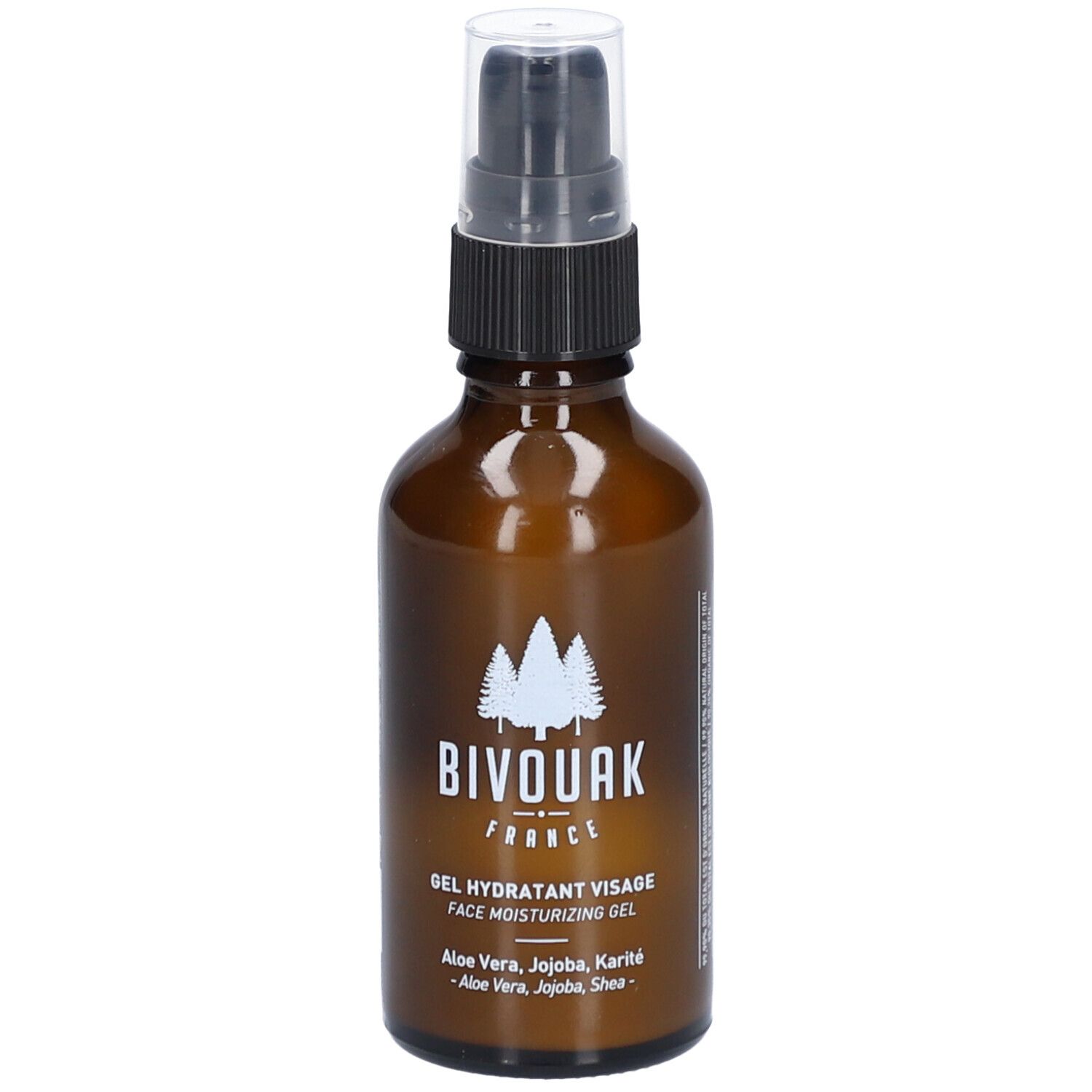 Flacon en verre brun avec pompe. Inscription: BIVOUAK FRANCE, Gel hydratant visage, Face moisturizing gel. Ingrédients.