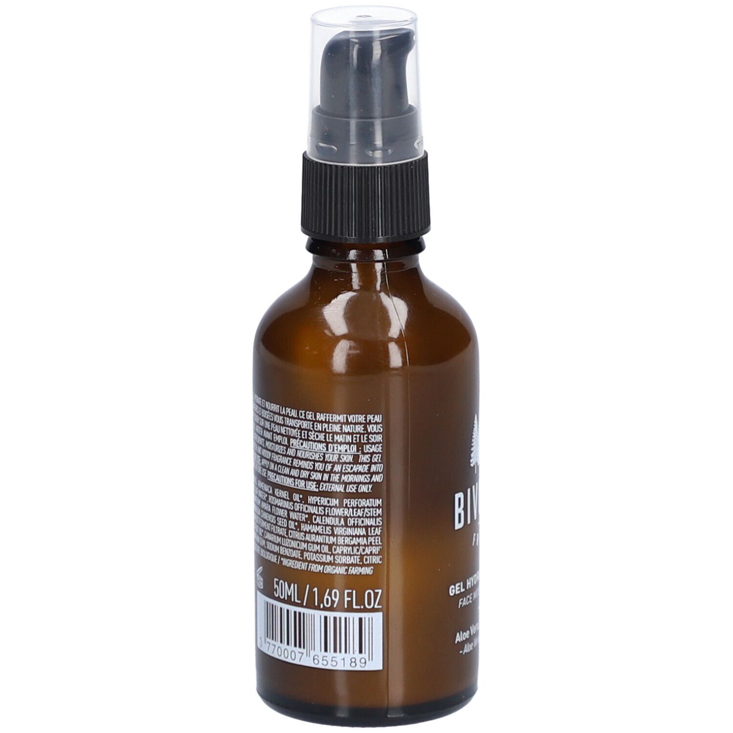 Flacon en verre brun avec pompe. Dos avec texte et code-barres. Inscription: 50ml/1,69 fl.oz.