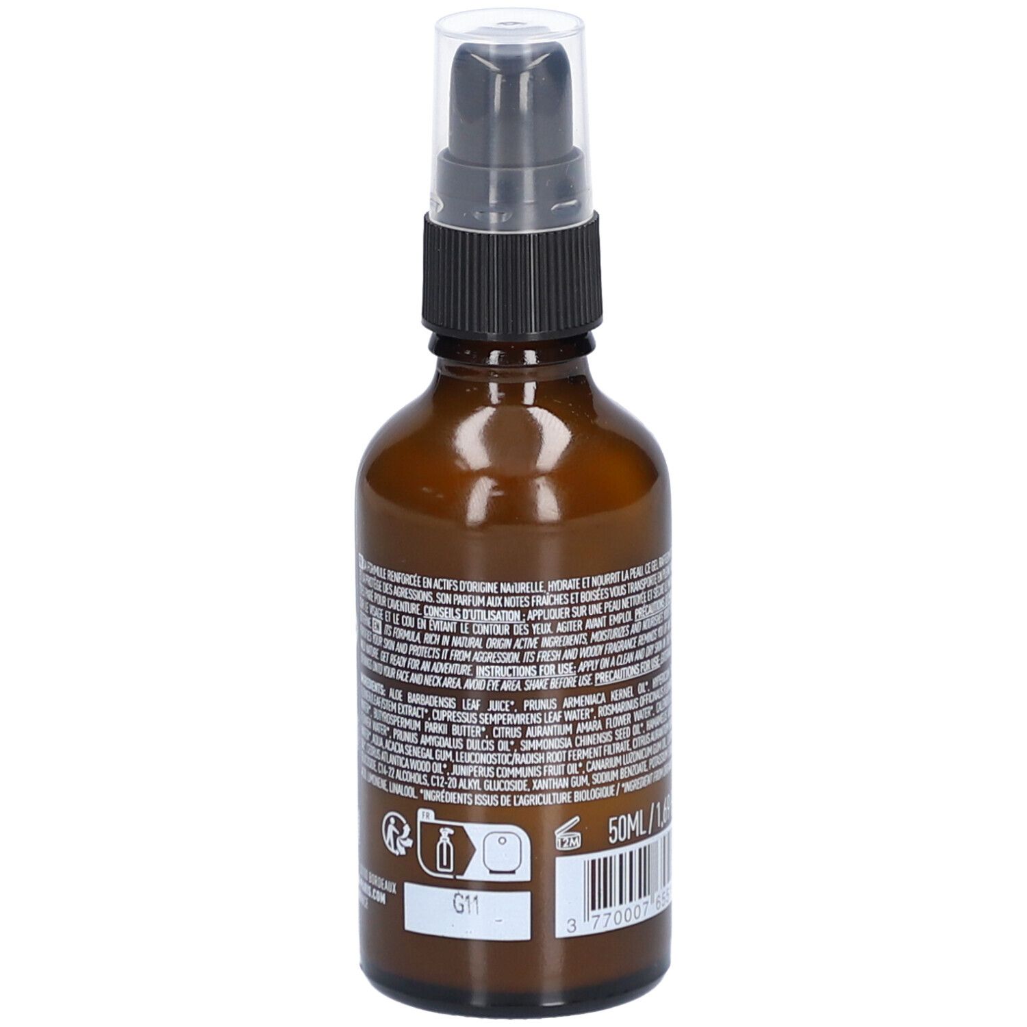 Flacon en verre brun avec pompe. Dos avec texte et code-barres. Inscription: 50ml/1,69 fl.oz.