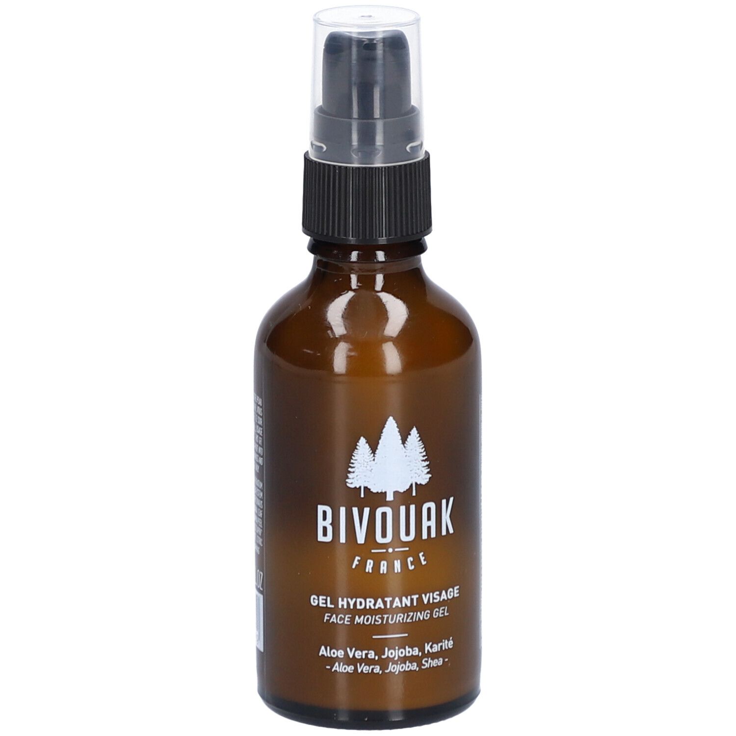 Flacon en verre brun avec pompe. Inscription: BIVOUAK FRANCE, Gel hydratant visage, Face moisturizing gel. Ingrédients.