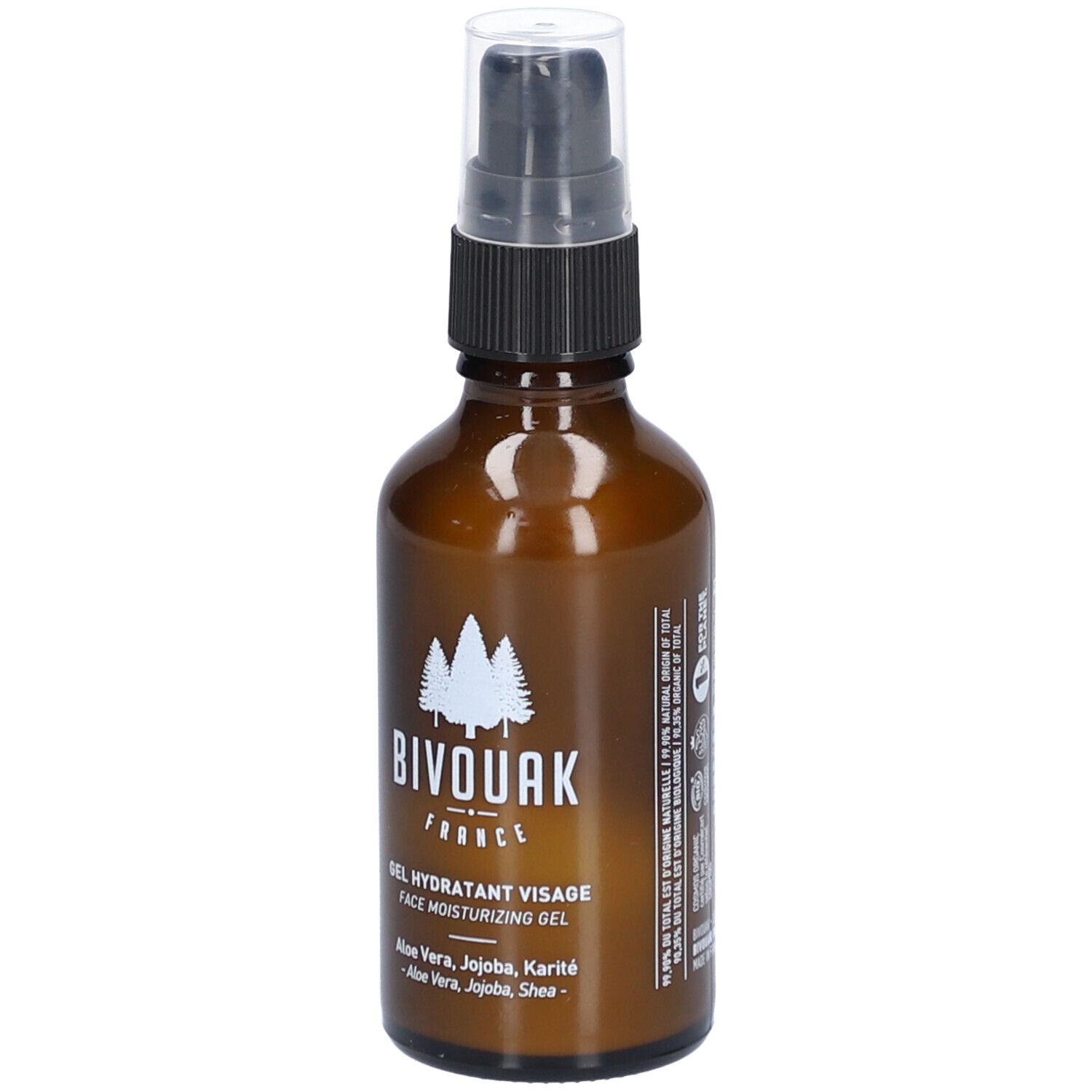 Flacon en verre brun avec pompe. Inscription: BIVOUAK FRANCE, Gel hydratant visage, Face moisturizing gel. Ingrédients.