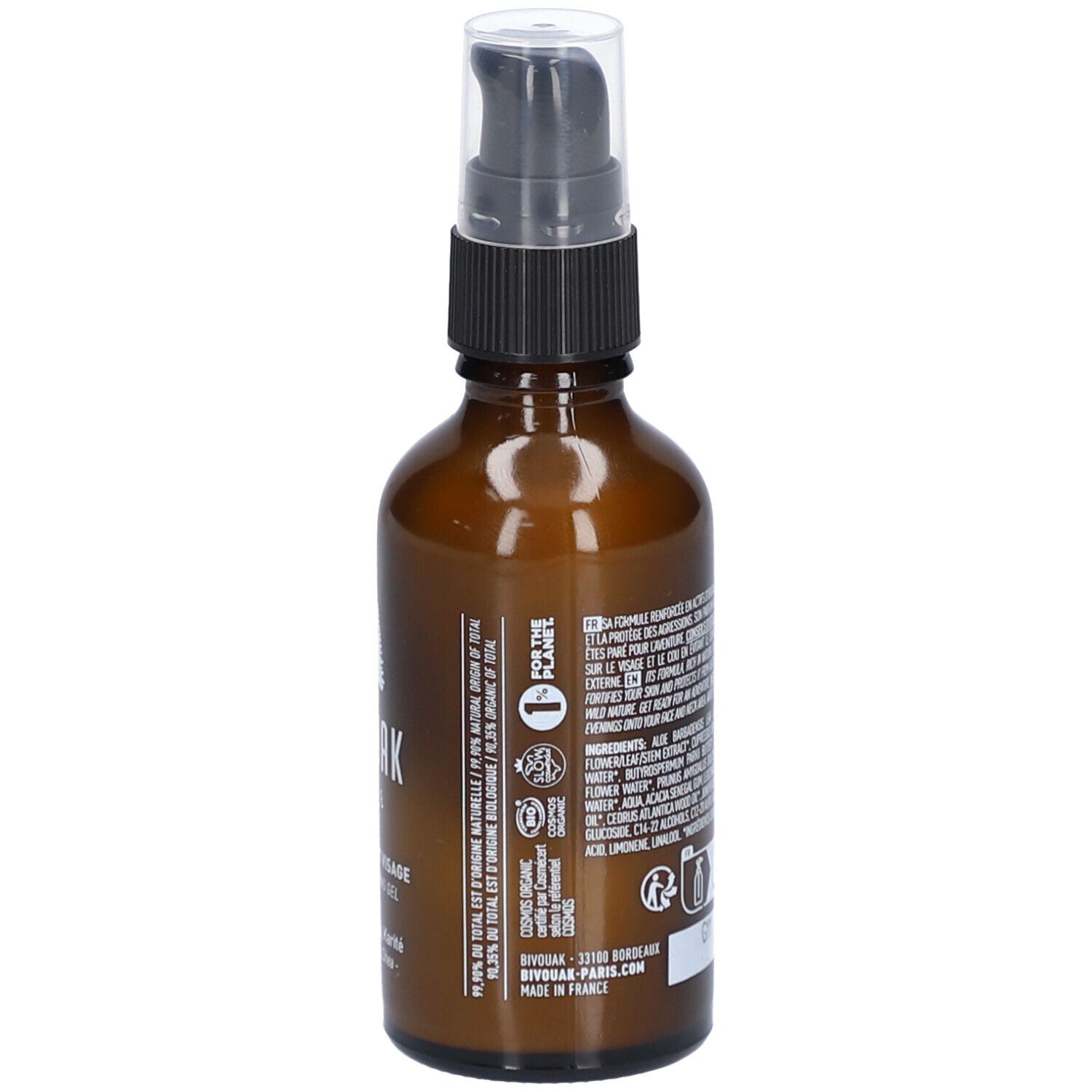 Flacon en verre brun avec pompe. Dos avec texte et logos. Inscription: BIVOUAK, 50ml/1,69 fl.oz.